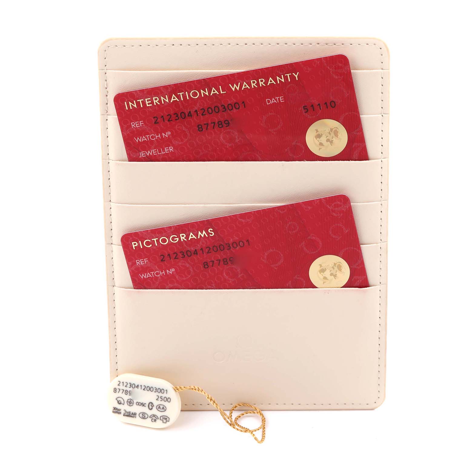 The image shows Omega Seamaster 212.30.41.20.03.001 Men
s Stainless Steel Blue Dial 212.30.41.20.03.001 Men
s Stainless Steel Blue Dial warranty and pictogram cards, along with a tag, in a holder.