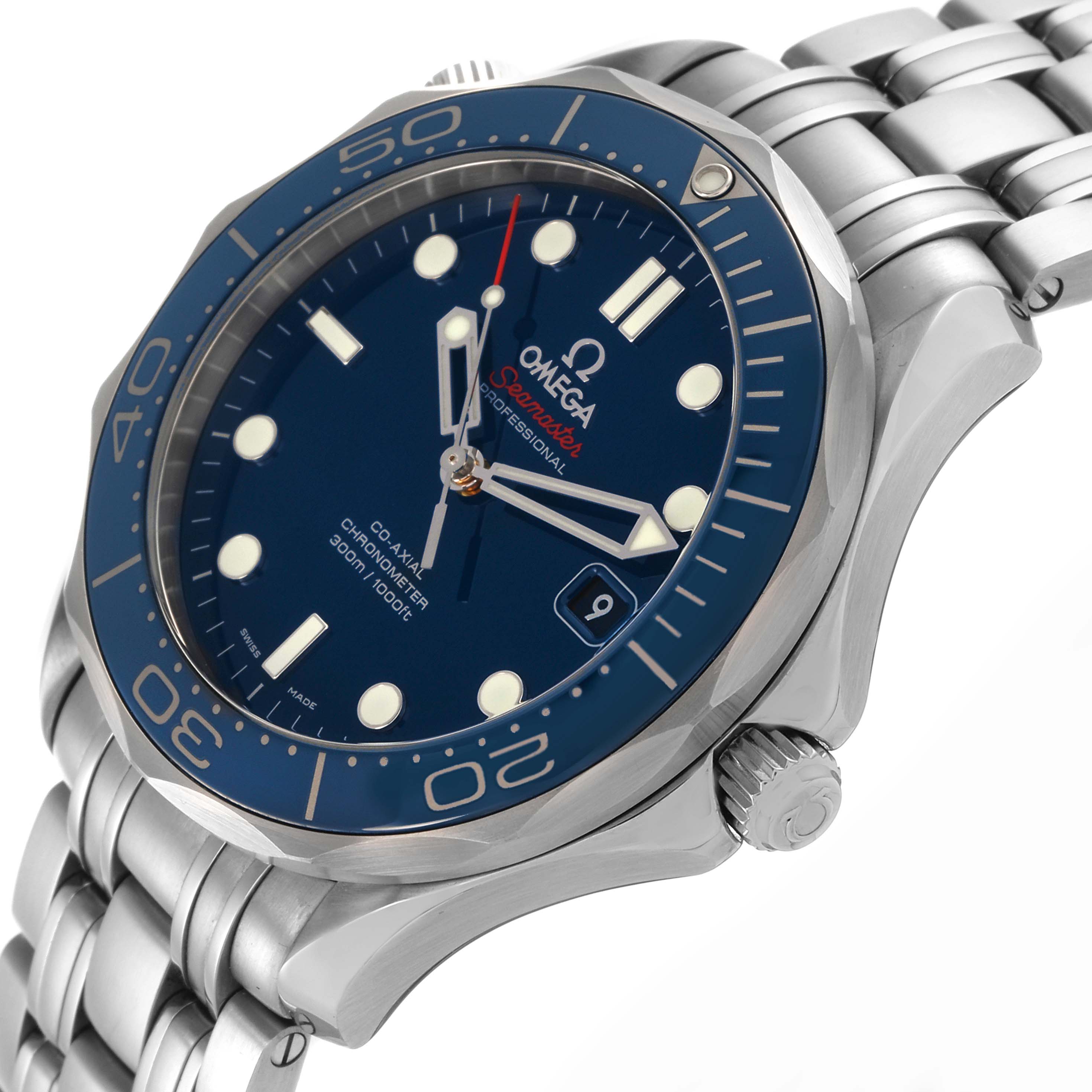 The Omega Seamaster 212.30.41.20.03.001 Men
s Stainless Steel Blue Dial 212.30.41.20.03.001 Men
s Stainless Steel Blue Dial watch is shown from a three-quarter angle, highlighting the face, bezel, crown, and part of the bracelet.