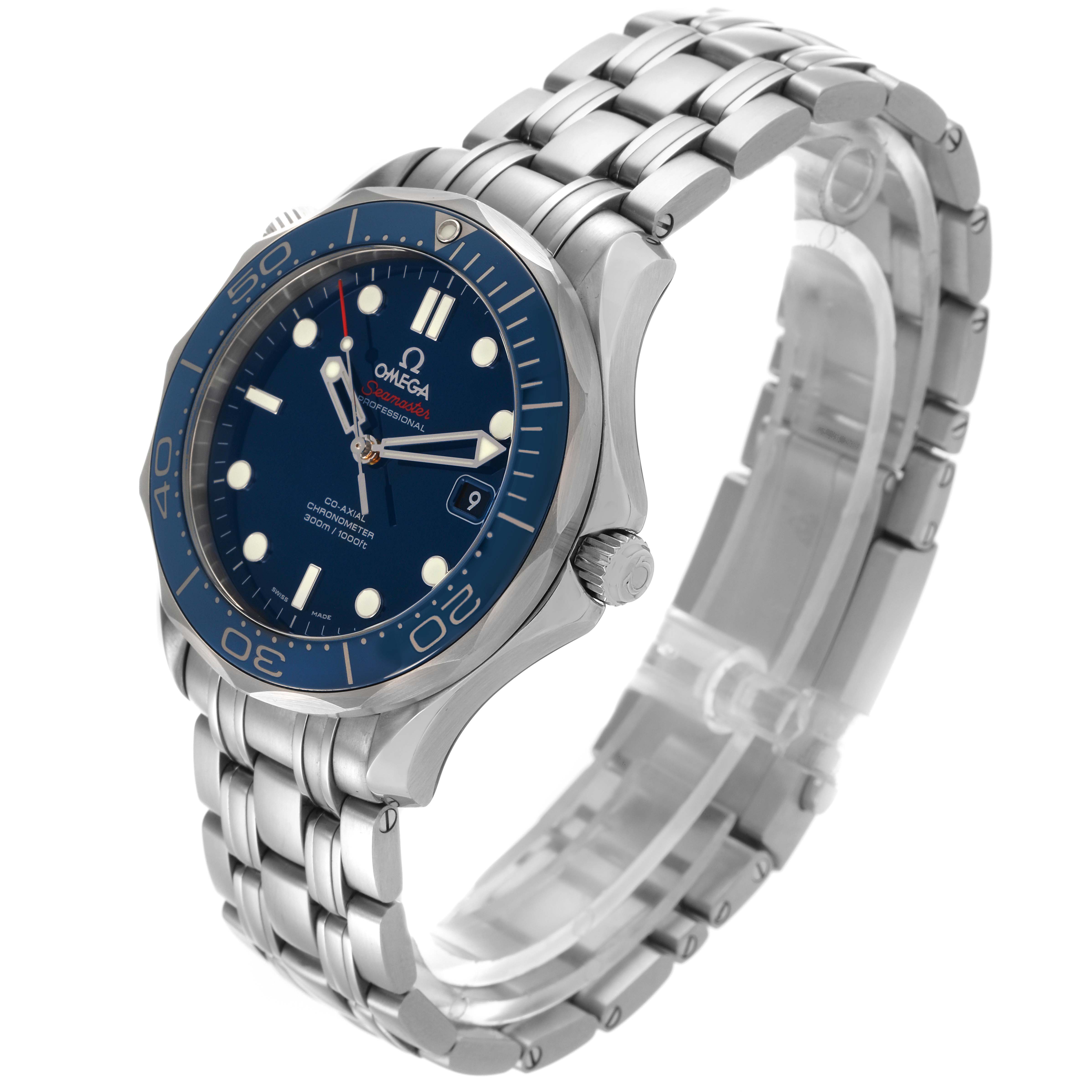 The Omega Seamaster 212.30.41.20.03.001 Men
s Stainless Steel Blue Dial 212.30.41.20.03.001 Men
s Stainless Steel Blue Dial watch is shown at a three-quarter angle, highlighting the face, bezel, crown, and bracelet.