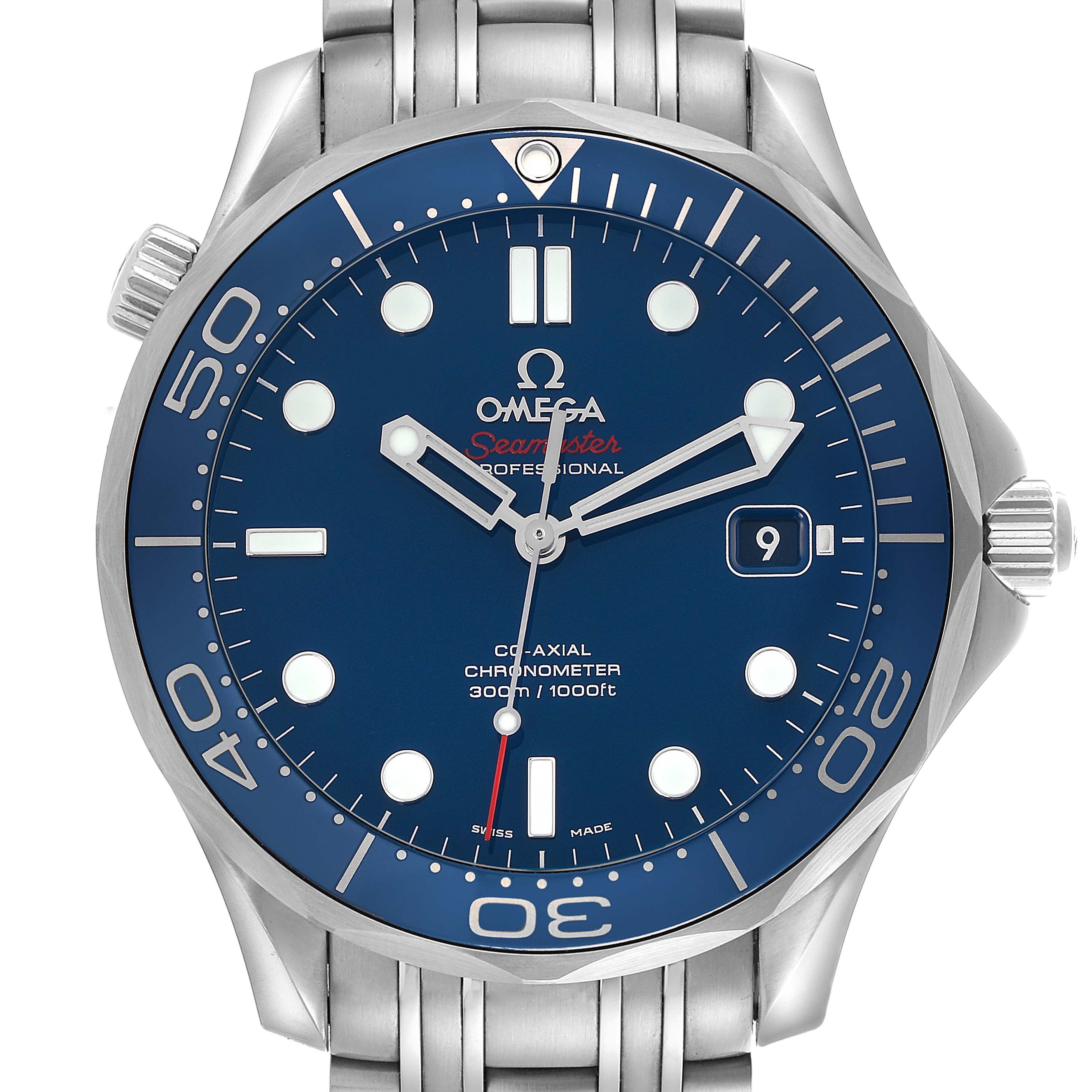 The Omega Seamaster 212.30.41.20.03.001 Men
s Stainless Steel Blue Dial 212.30.41.20.03.001 Men
s Stainless Steel Blue Dial watch is shown from a front angle, highlighting its blue dial and metal bracelet.