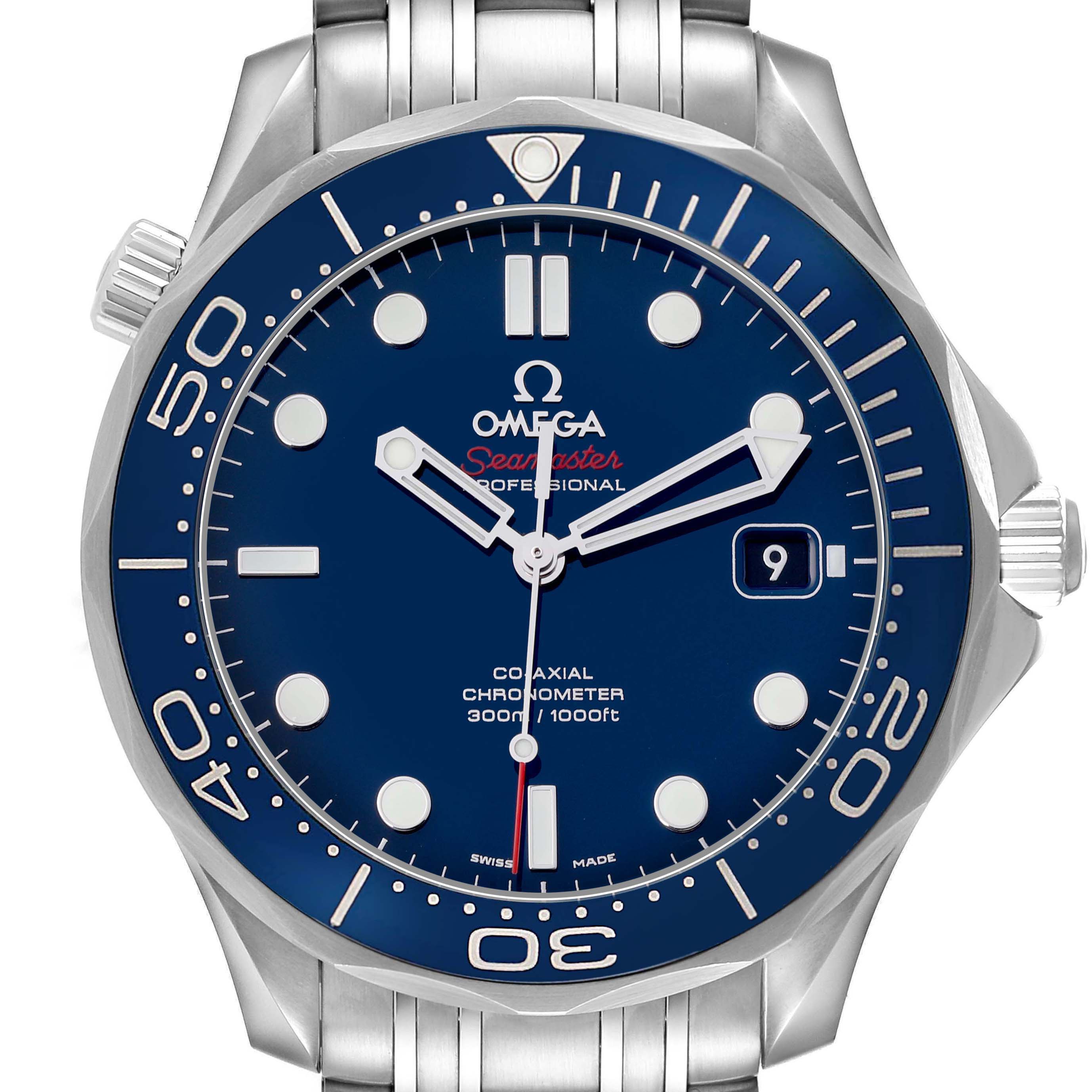 The Omega Seamaster 212.30.41.20.03.001 Men's Stainless Steel Blue Dial is shown from the front, highlighting the dial, bezel, and part of the bracelet.