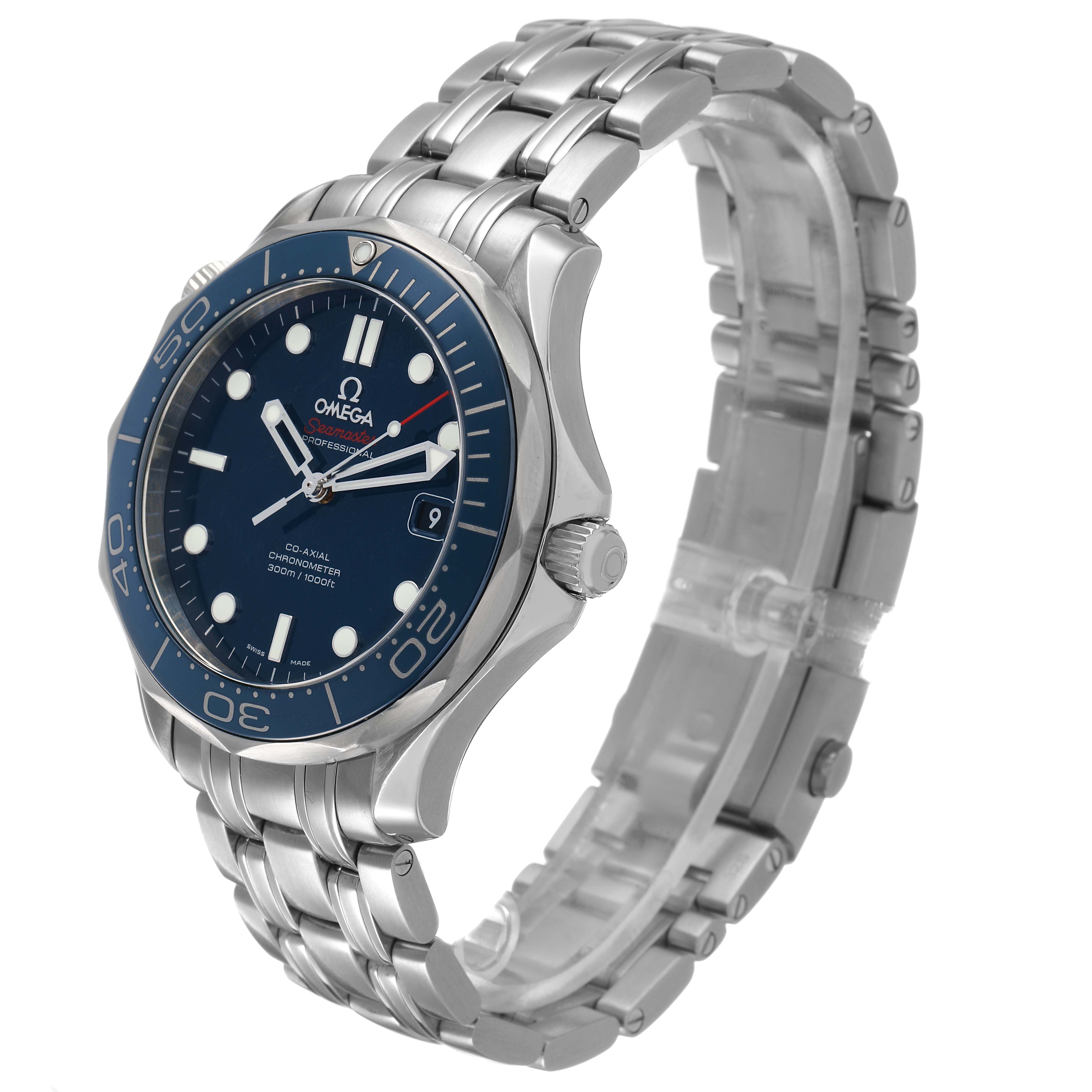 The Omega Seamaster 212.30.41.20.03.001 Men's Stainless Steel Blue Dial watch is shown at a slight angle, displaying the dial, bezel, crown, and metal bracelet.