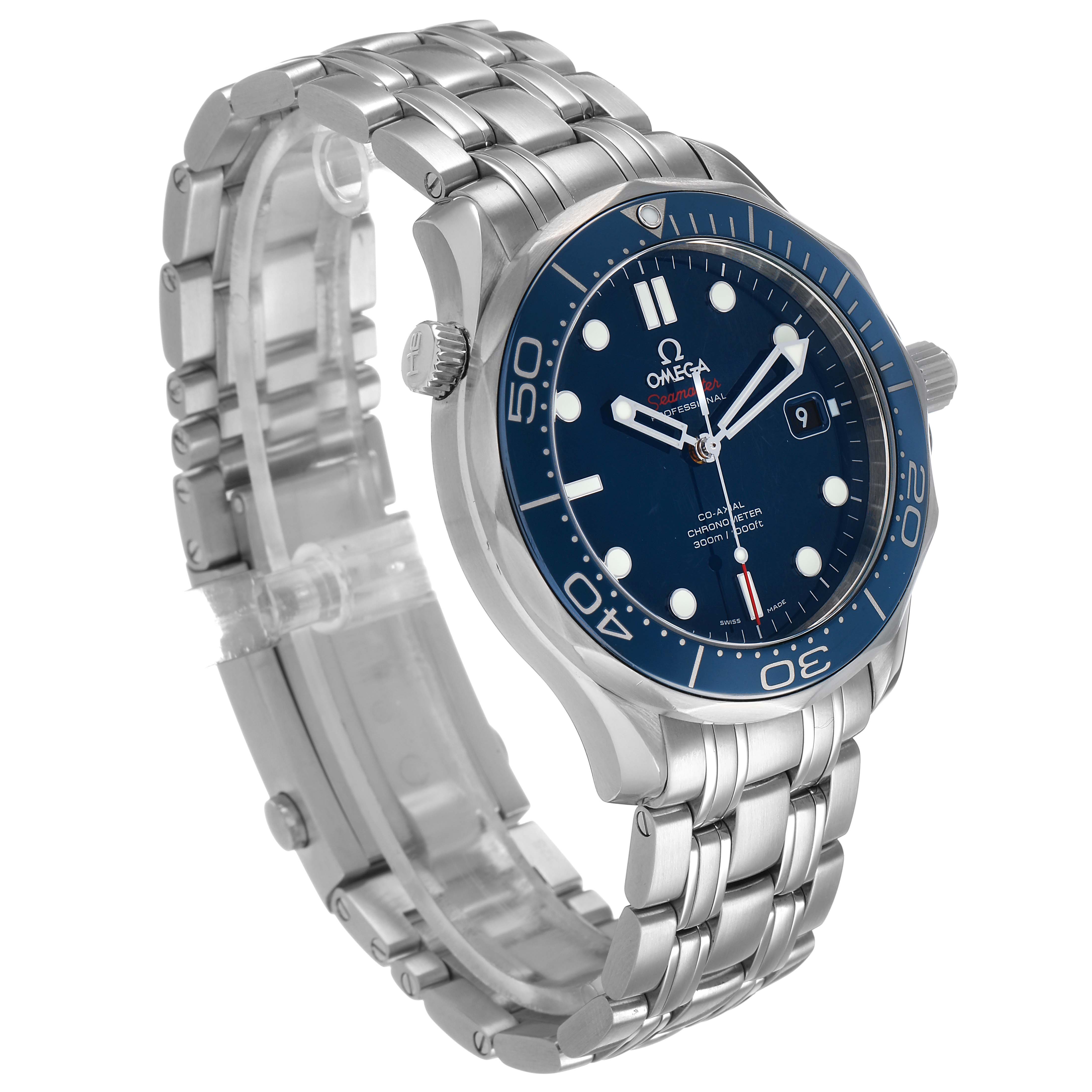 The Omega Seamaster 212.30.41.20.03.001 Men's Stainless Steel Blue Dial watch is shown at a three-quarter angle, highlighting the face, bezel, bracelet, and crown.