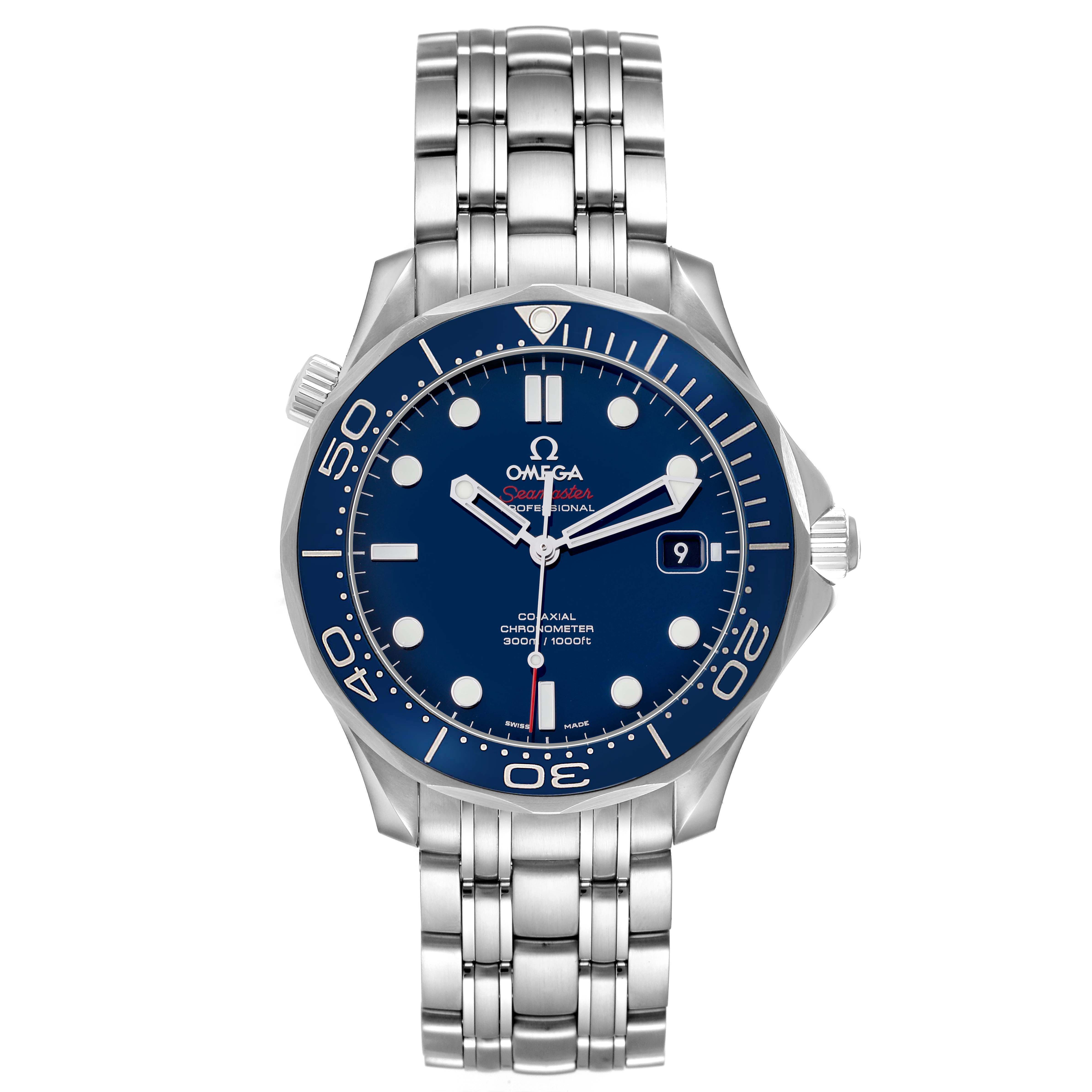 The Omega Seamaster 212.30.41.20.03.001 Men's Stainless Steel Blue Dial watch is shown from the front, displaying the dial, bezel, bracelet, and crown.