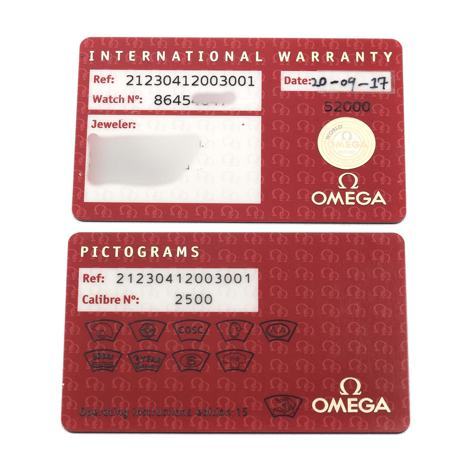 The image shows the international warranty and pictogram cards for an Omega Seamaster 212.30.41.20.03.001 Men's Stainless Steel Blue Dial watch.
