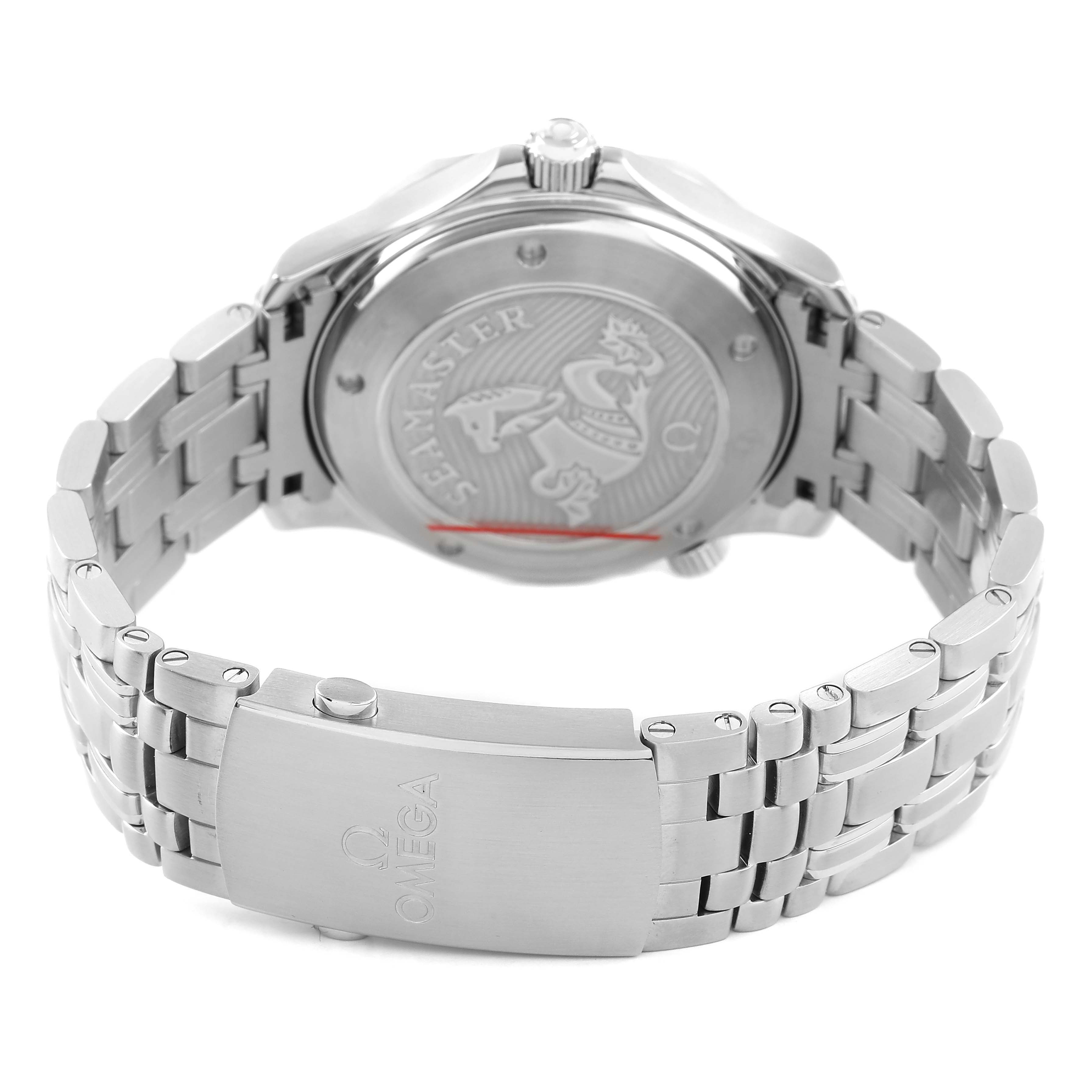 The image shows the back of the Omega Seamaster 212.30.41.20.03.001 Men's Stainless Steel Blue Dial watch and its metal bracelet with the Omega logo on the clasp.