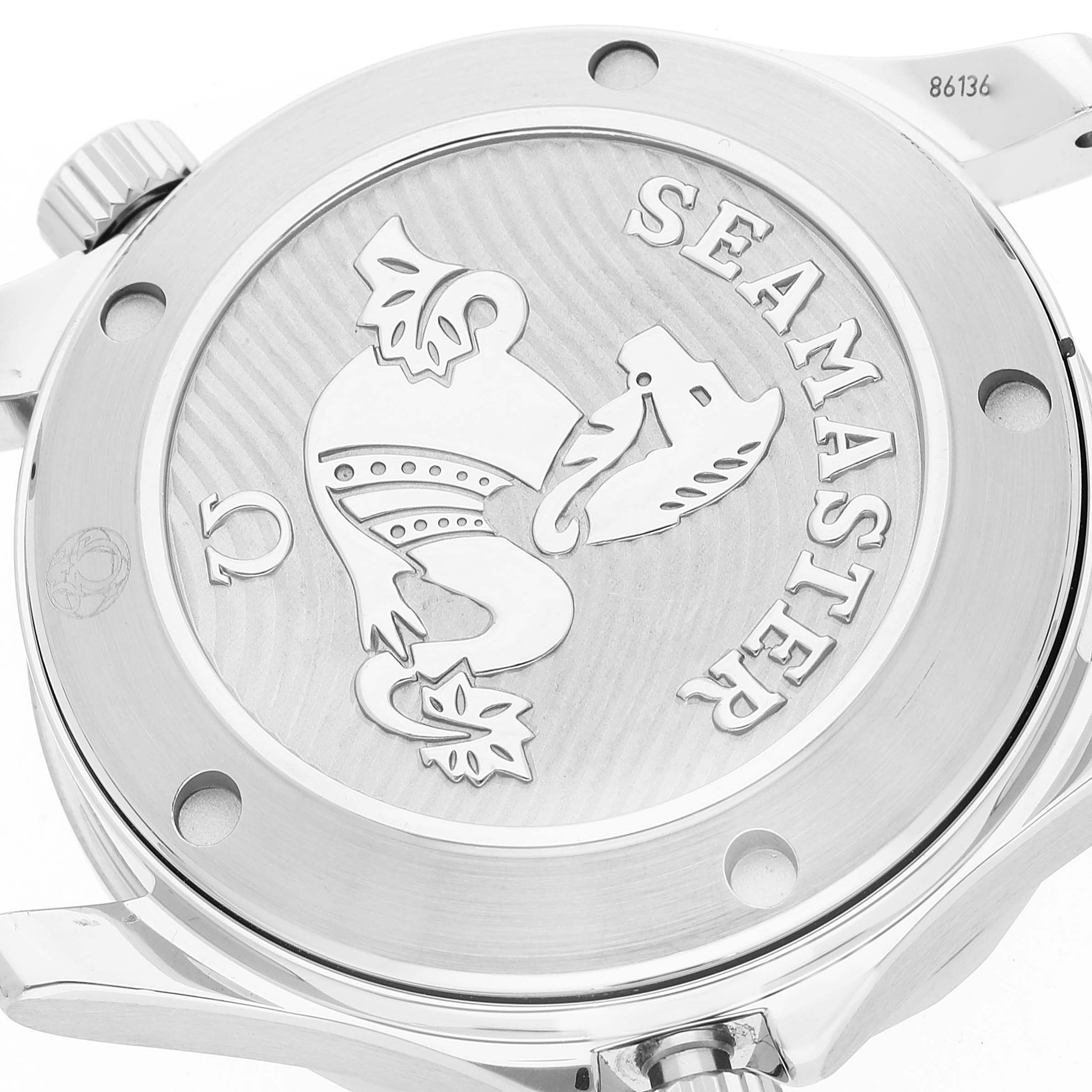 The image shows the case back of an Omega Seamaster 212.30.36.20.03.001 Men's Stainless Steel Blue Dial 212.30.36.20.03.001 Men's Stainless Steel Blue Dial watch, featuring an engraved emblem and the model name.