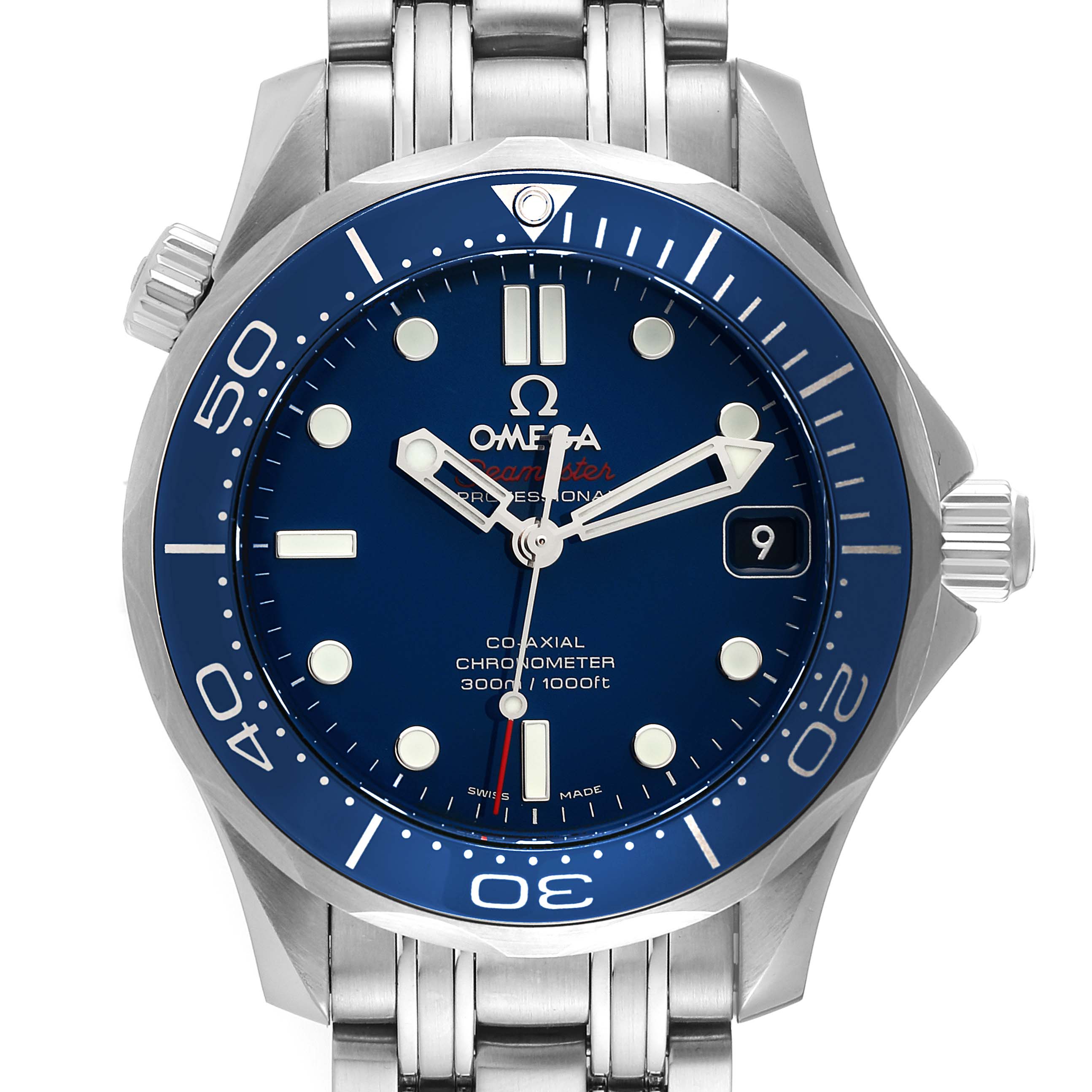The image shows a front view of the Omega Seamaster 212.30.36.20.03.001 Men's Stainless Steel Blue Dial 212.30.36.20.03.001 Men's Stainless Steel Blue Dial watch, highlighting its dial, bezel, bracelet, and crown.