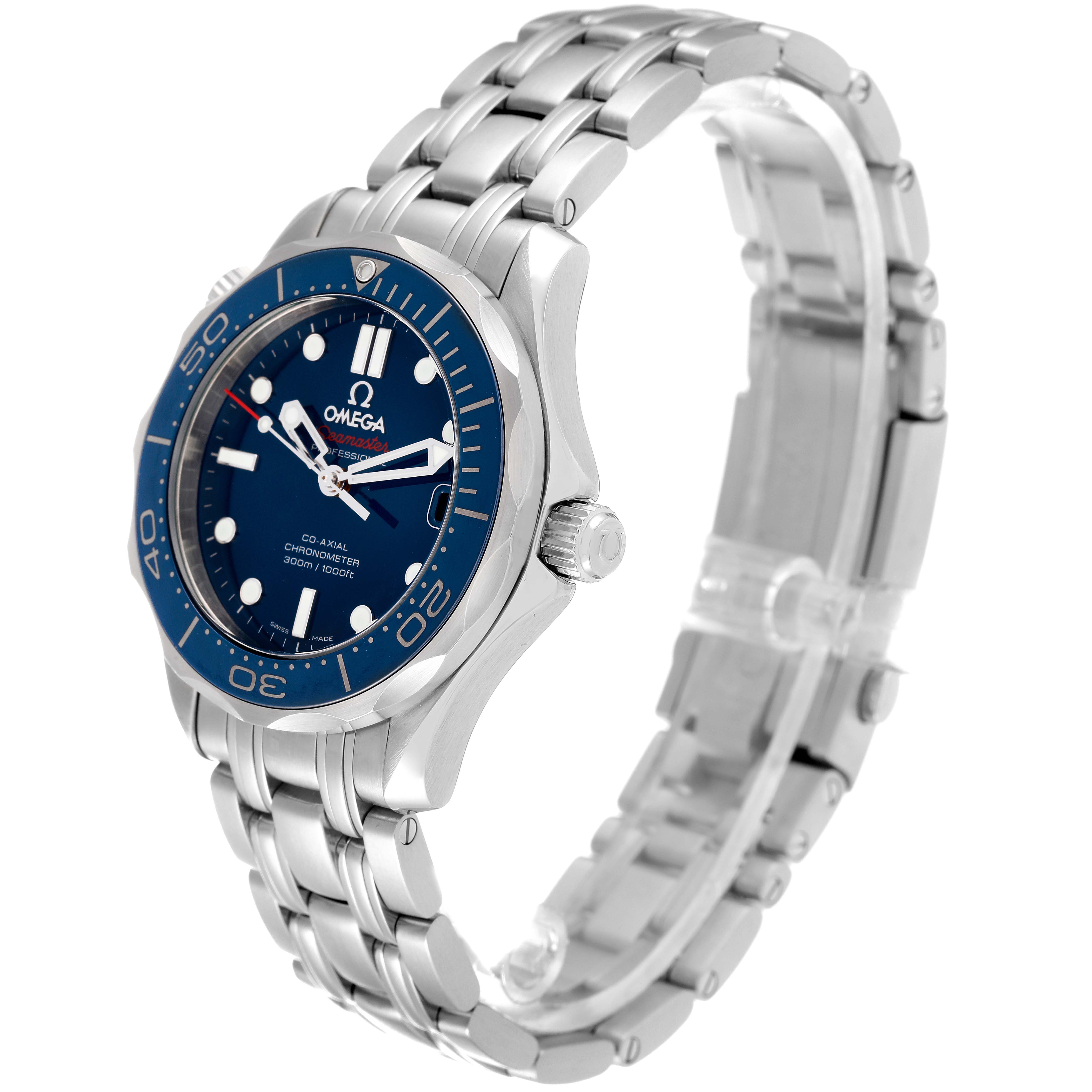 The Omega Seamaster 212.30.36.20.03.001 Men's Stainless Steel Blue Dial 212.30.36.20.03.001 Men's Stainless Steel Blue Dial watch is shown at an angled side view, displaying its blue dial, stainless steel case, and bracelet.