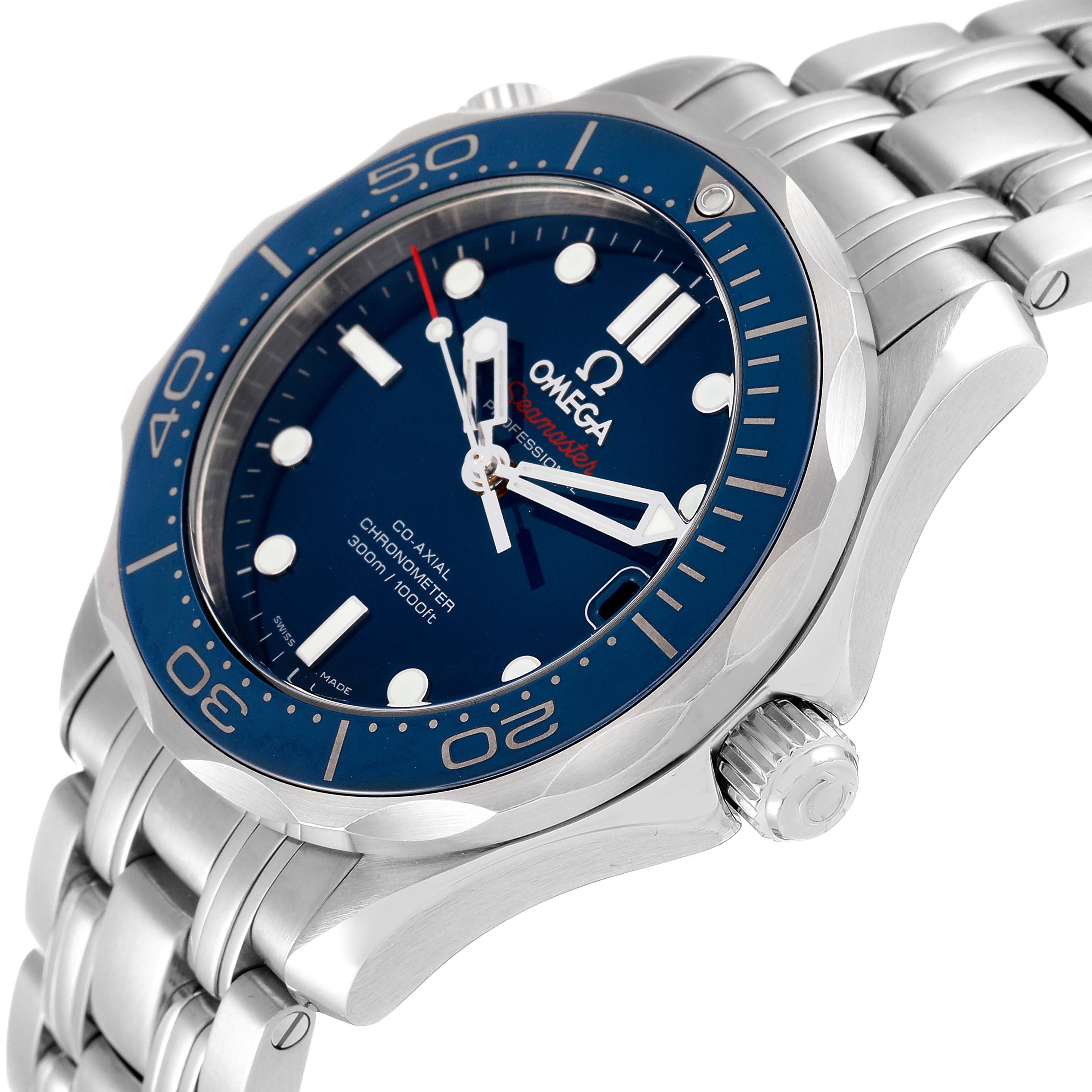 The Omega Seamaster 212.30.36.20.03.001 Men's Stainless Steel Blue Dial 212.30.36.20.03.001 Men's Stainless Steel Blue Dial watch is shown at a slight angle from the front-right, highlighting the dial, bezel, crown, and bracelet.