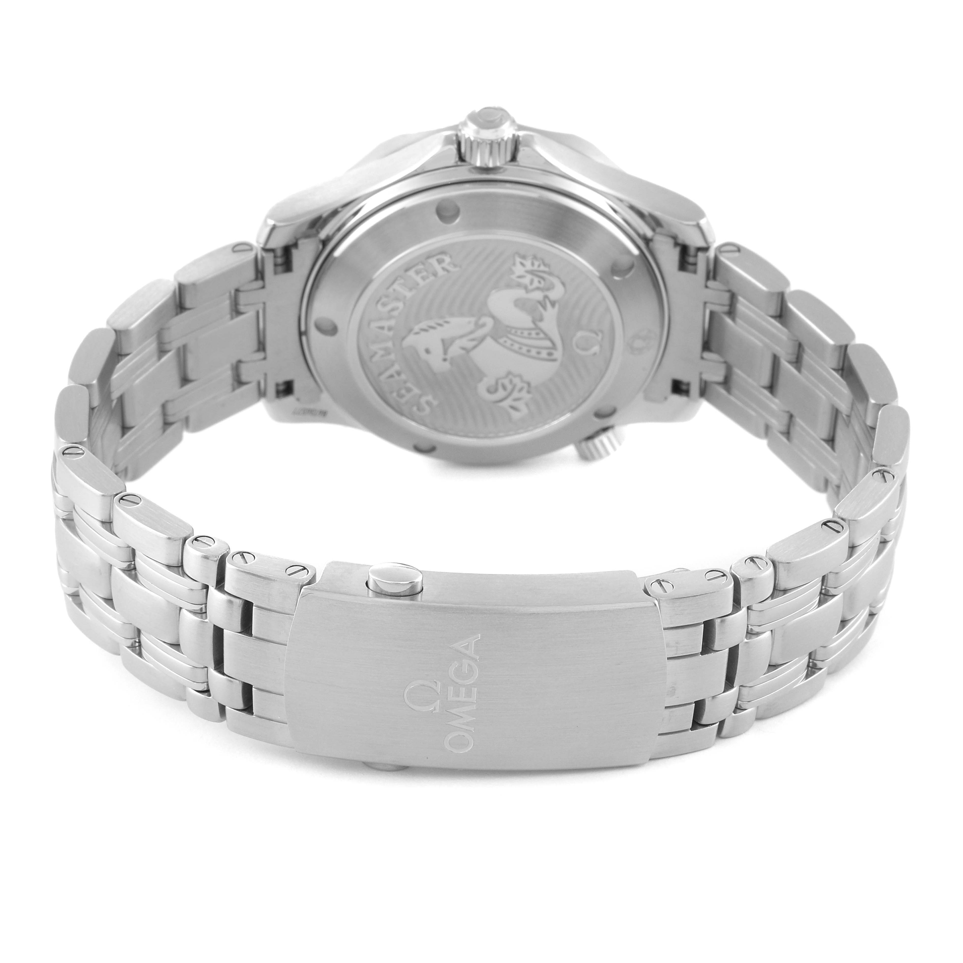 The image shows the back case and stainless steel bracelet of the Omega Seamaster 212.30.36.20.03.001 Men's Stainless Steel Blue Dial 212.30.36.20.03.001 Men's Stainless Steel Blue Dial watch.