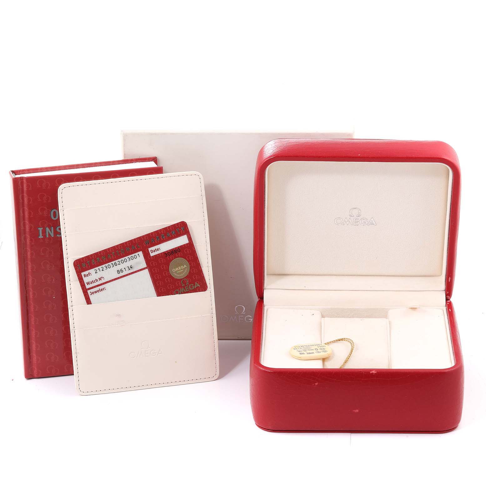 This image shows the packaging and accessories for an Omega Seamaster 212.30.36.20.03.001 Men's Stainless Steel Blue Dial 212.30.36.20.03.001 Men's Stainless Steel Blue Dial watch, including the watch box, instruction manual, and warranty card.