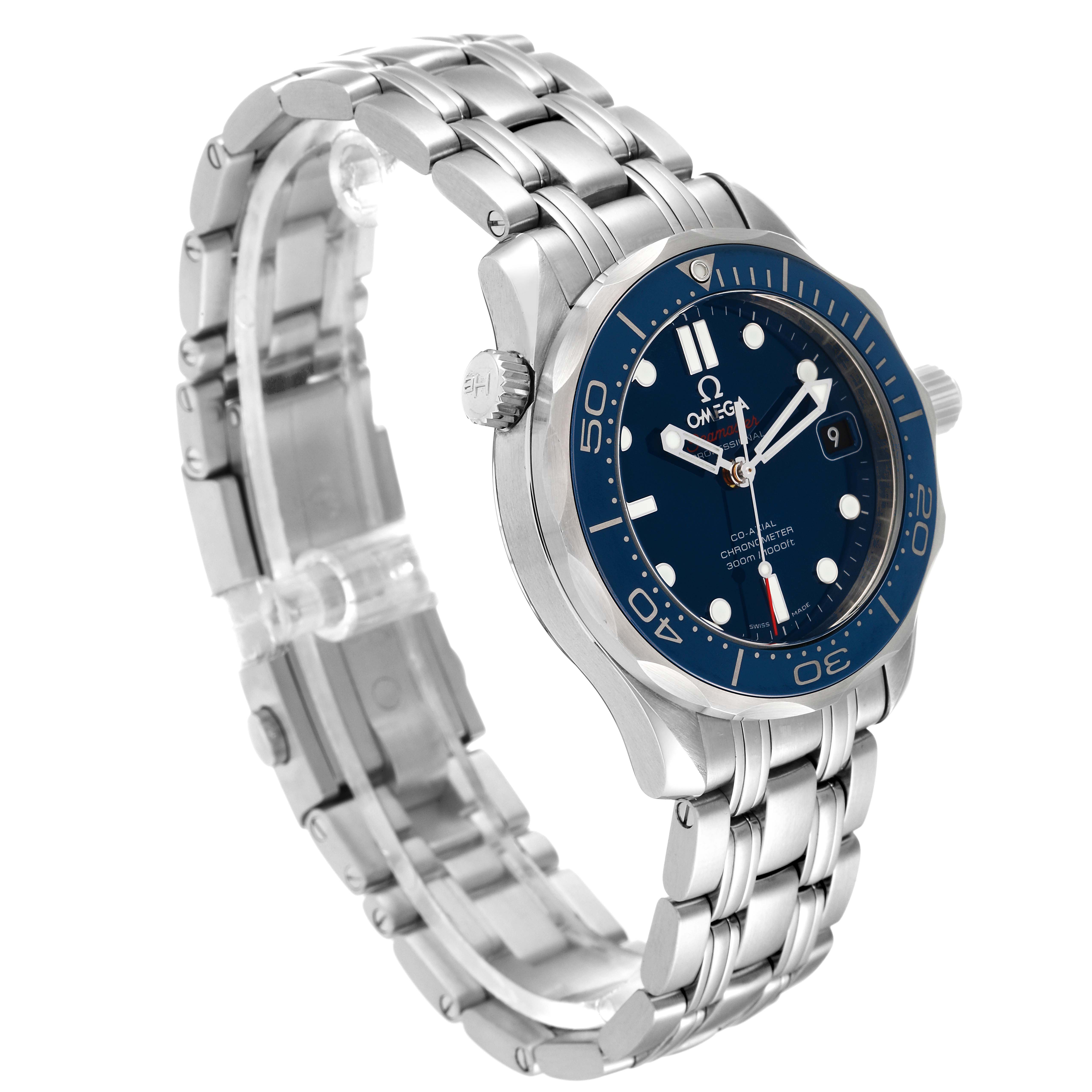 The image shows an Omega Seamaster 212.30.36.20.03.001 Men's Stainless Steel Blue Dial 212.30.36.20.03.001 Men's Stainless Steel Blue Dial watch at a three-quarter angle, highlighting its face, bezel, crown, and metal bracelet.