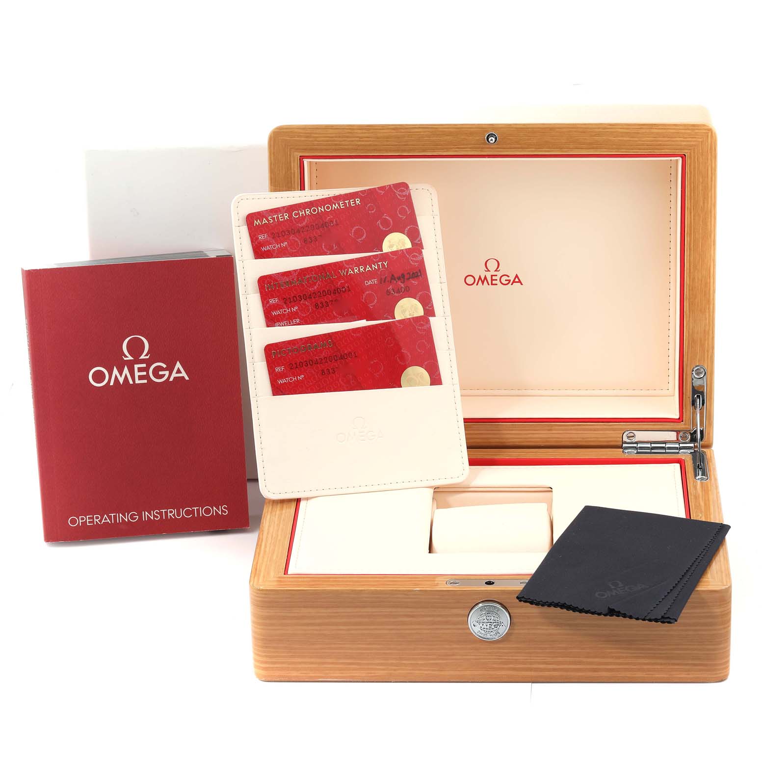 The image shows the packaging, operating instructions, warranty cards, and cleaning cloth for an Omega Seamaster 210.30.42.20.04.001 Men
s Stainless Steel White Dial 210.30.42.20.04.001 Men
s Stainless Steel White Dial watch.