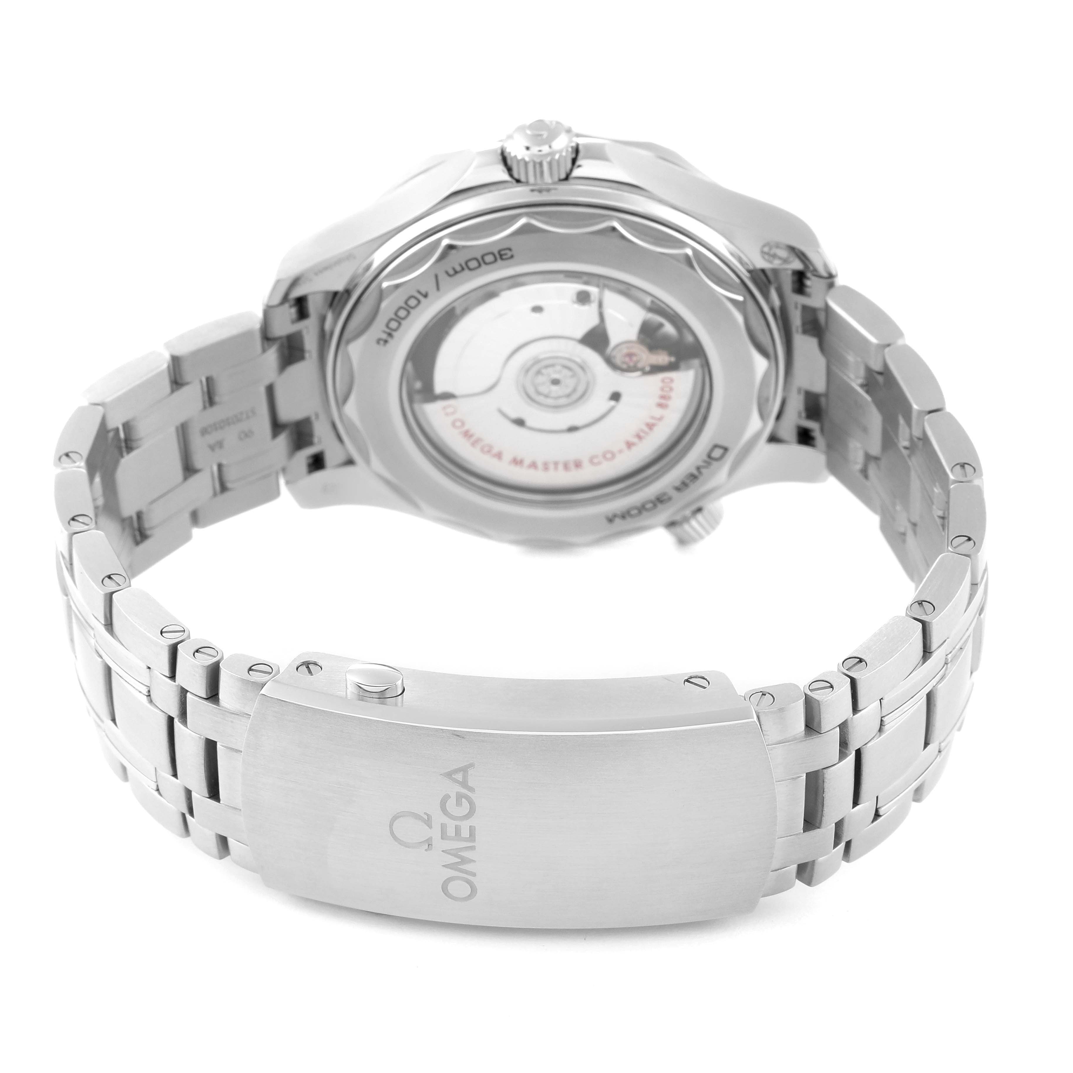 This image shows the back view of the Omega Seamaster 210.30.42.20.04.001 Men
s Stainless Steel White Dial 210.30.42.20.04.001 Men
s Stainless Steel White Dial watch, highlighting the bracelet and clasp, and the transparent case back revealing the movement.