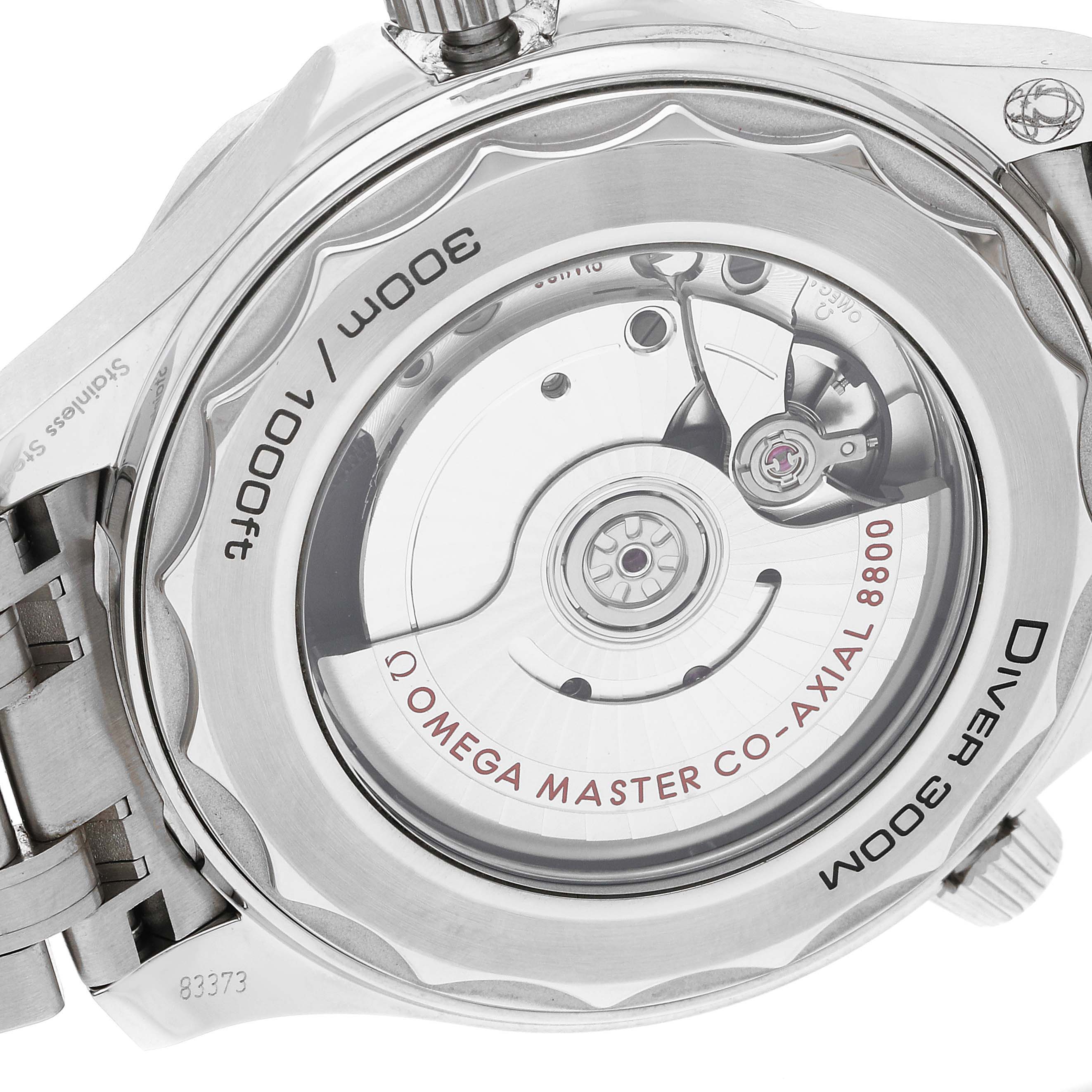The image shows the back view of an Omega Seamaster 210.30.42.20.04.001 Men
s Stainless Steel White Dial 210.30.42.20.04.001 Men
s Stainless Steel White Dial watch, highlighting its exposed movement and "300M / 1000ft" engraving.