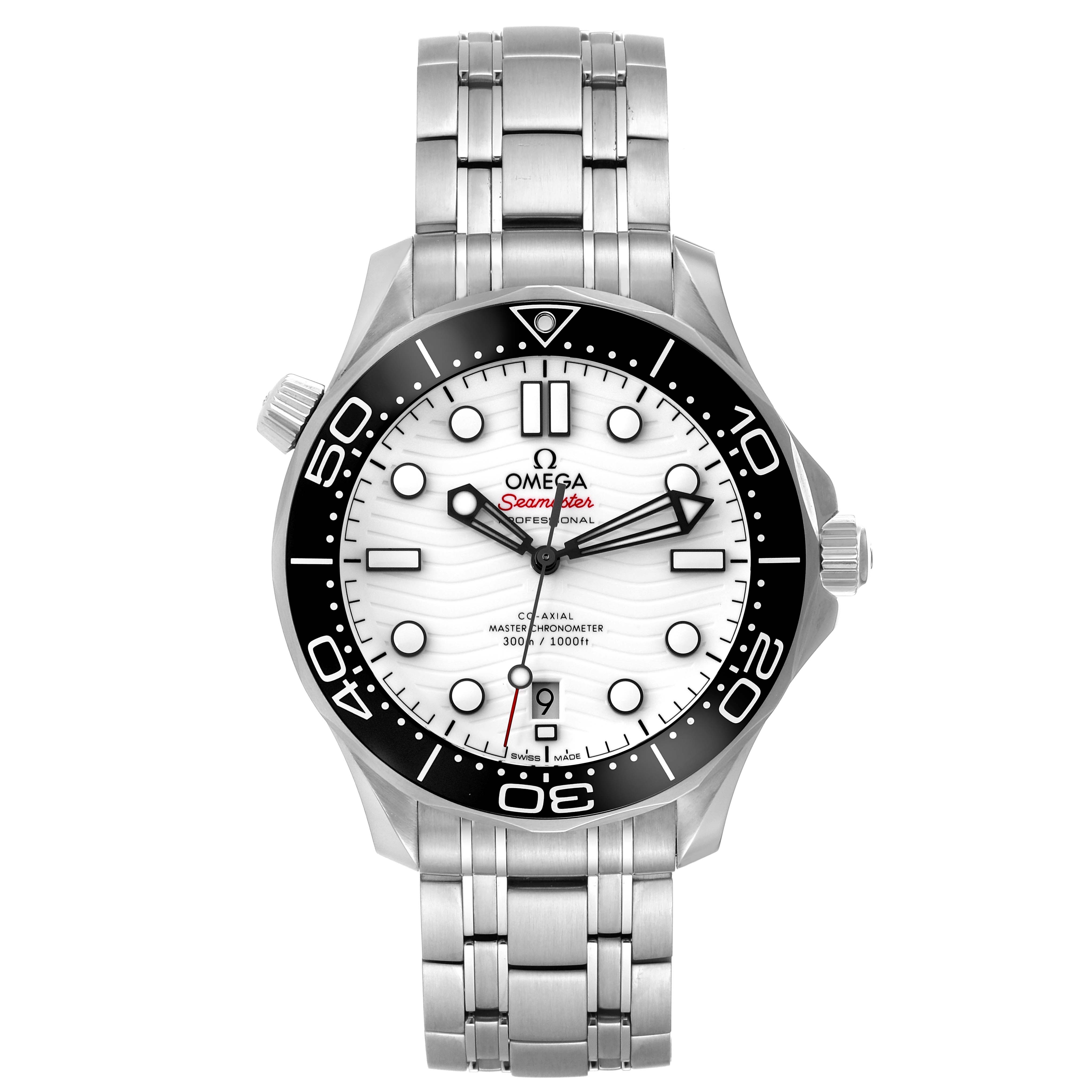 This image shows a front view of an Omega Seamaster 210.30.42.20.04.001 Men
s Stainless Steel White Dial 210.30.42.20.04.001 Men
s Stainless Steel White Dial watch, displaying its face, bezel, crown, and bracelet.
