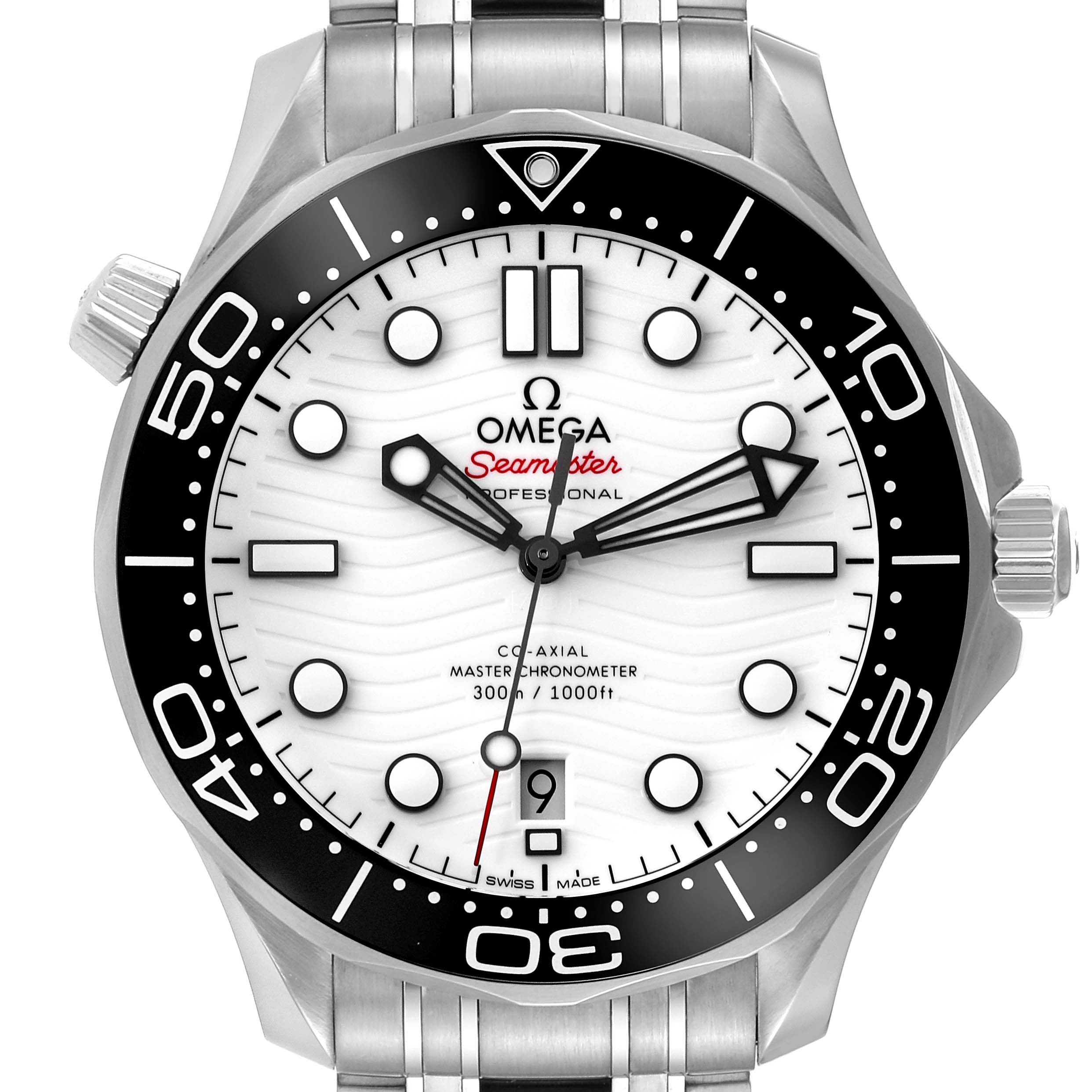 The image shows a front view of the Omega Seamaster 210.30.42.20.04.001 Men
s Stainless Steel White Dial 210.30.42.20.04.001 Men
s Stainless Steel White Dial watch, highlighting its white dial, black bezel, and metal bracelet.