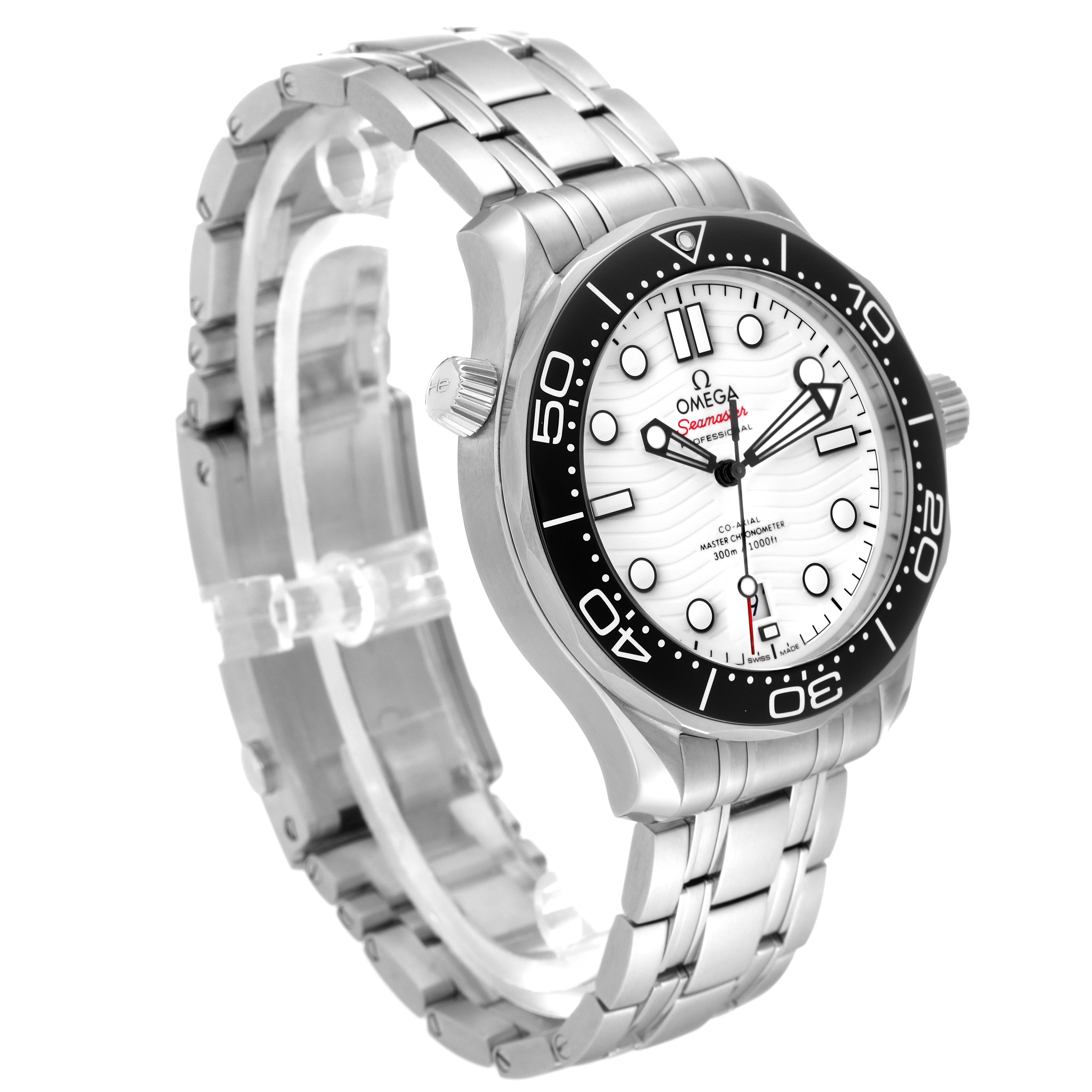 The Omega Seamaster 210.30.42.20.04.001 Men
s Stainless Steel White Dial 210.30.42.20.04.001 Men
s Stainless Steel White Dial watch is shown at a three-quarter angle highlighting its face, bezel, and stainless steel bracelet.