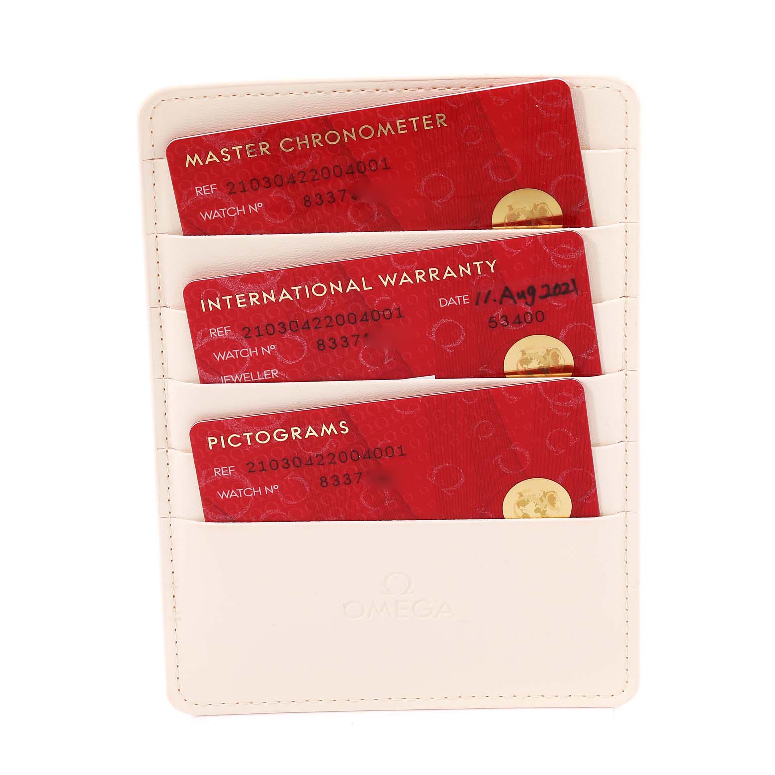 The image shows Omega Seamaster 210.30.42.20.04.001 Men
s Stainless Steel White Dial 210.30.42.20.04.001 Men
s Stainless Steel White Dial model cards for Master Chronometer, International Warranty, and Pictograms in a cardholder.