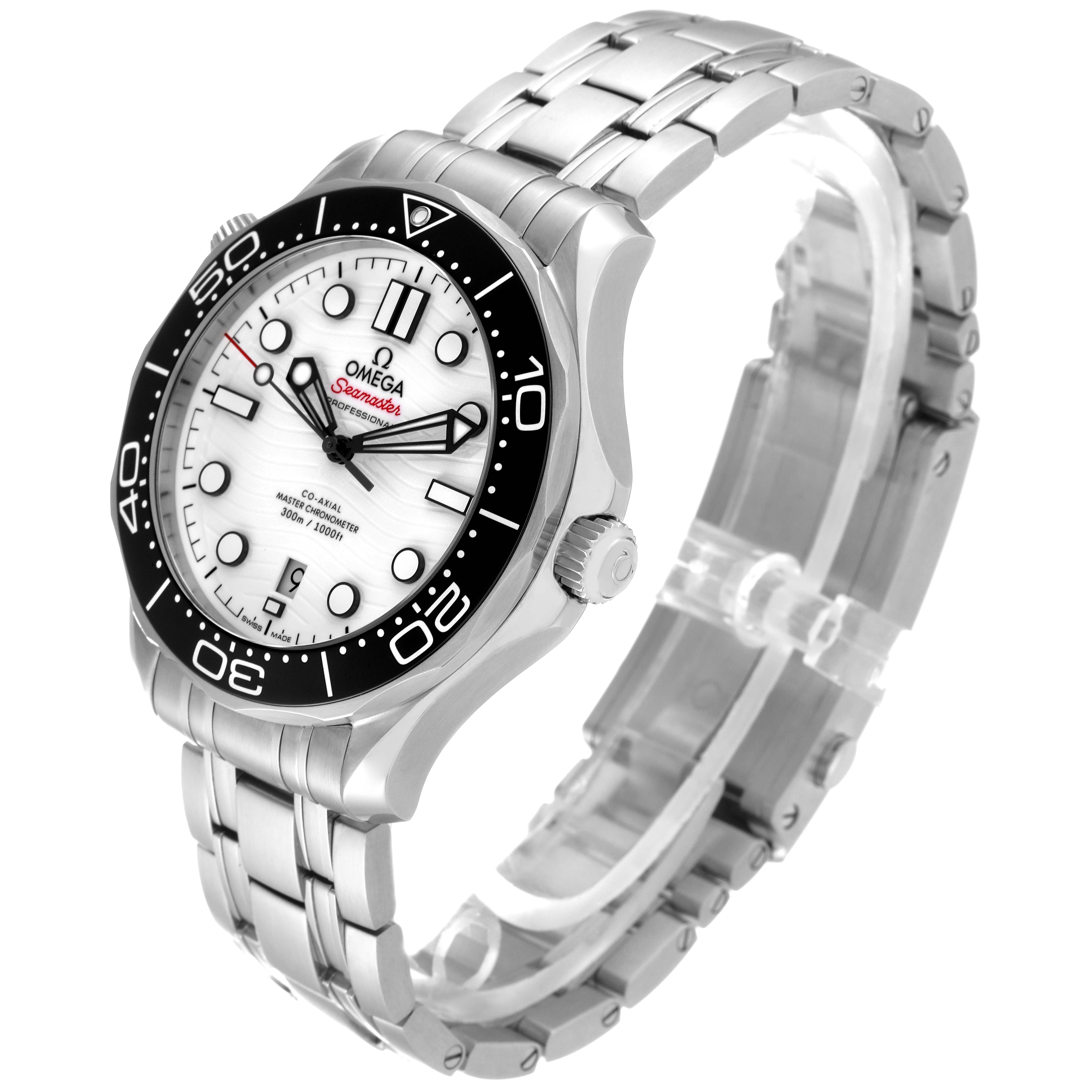 The Omega Seamaster 210.30.42.20.04.001 Men
s Stainless Steel White Dial 210.30.42.20.04.001 Men
s Stainless Steel White Dial watch is shown at a three-quarter angle, featuring its face, bezel, crown, and metal bracelet.