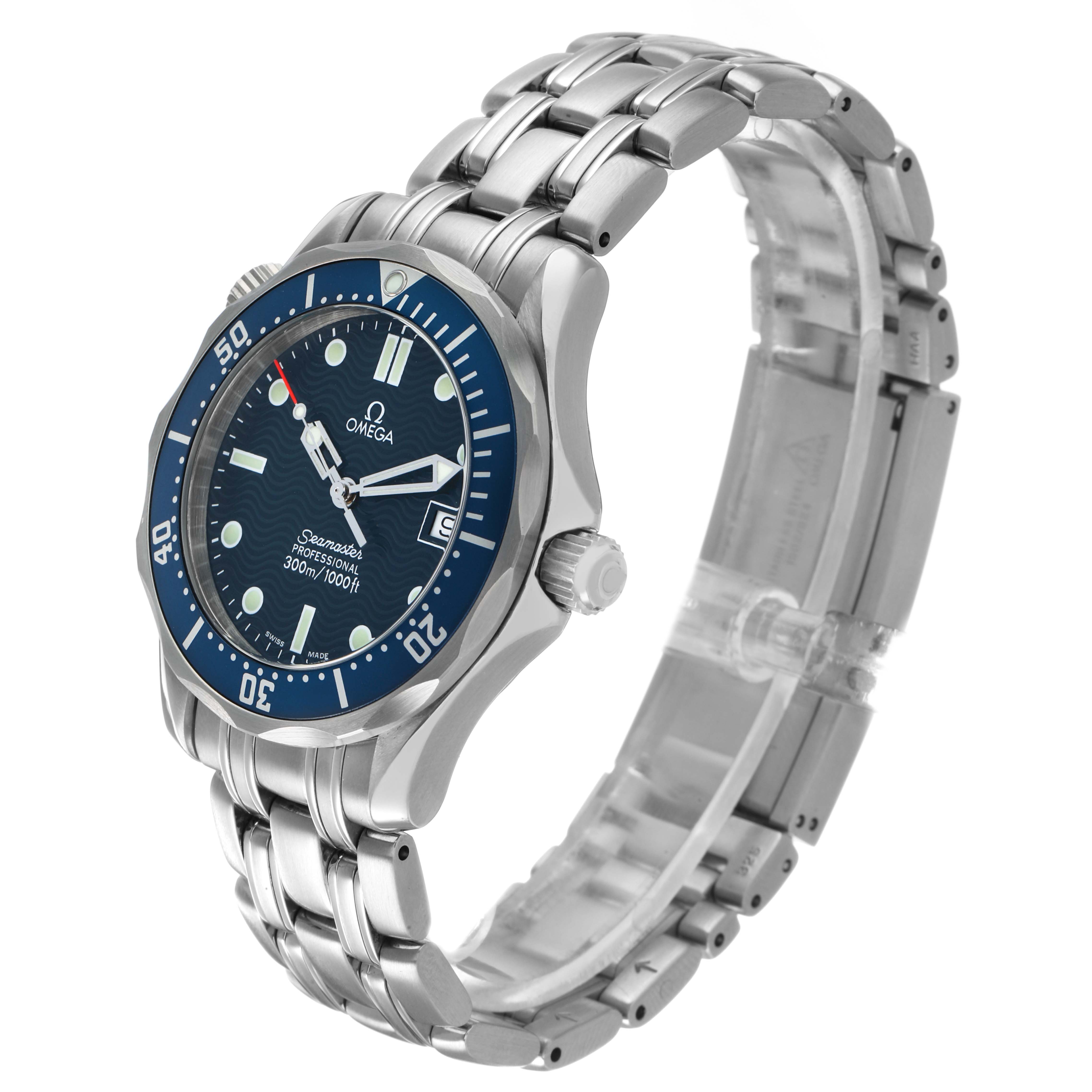 The Omega Seamaster 2561.80.00 Men's Stainless Steel Blue Dial watch is shown at a three-quarter angle featuring the face, bezel, crown, and part of the bracelet.