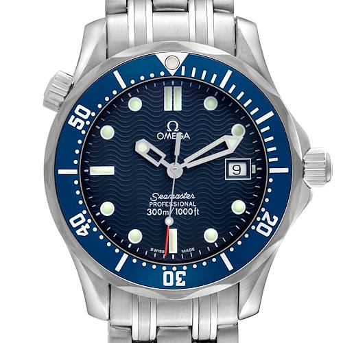 The Omega Seamaster 2561.80.00 Men's Stainless Steel Blue Dial watch is shown from a front angle, displaying the face, bezel, crown, and part of the bracelet.