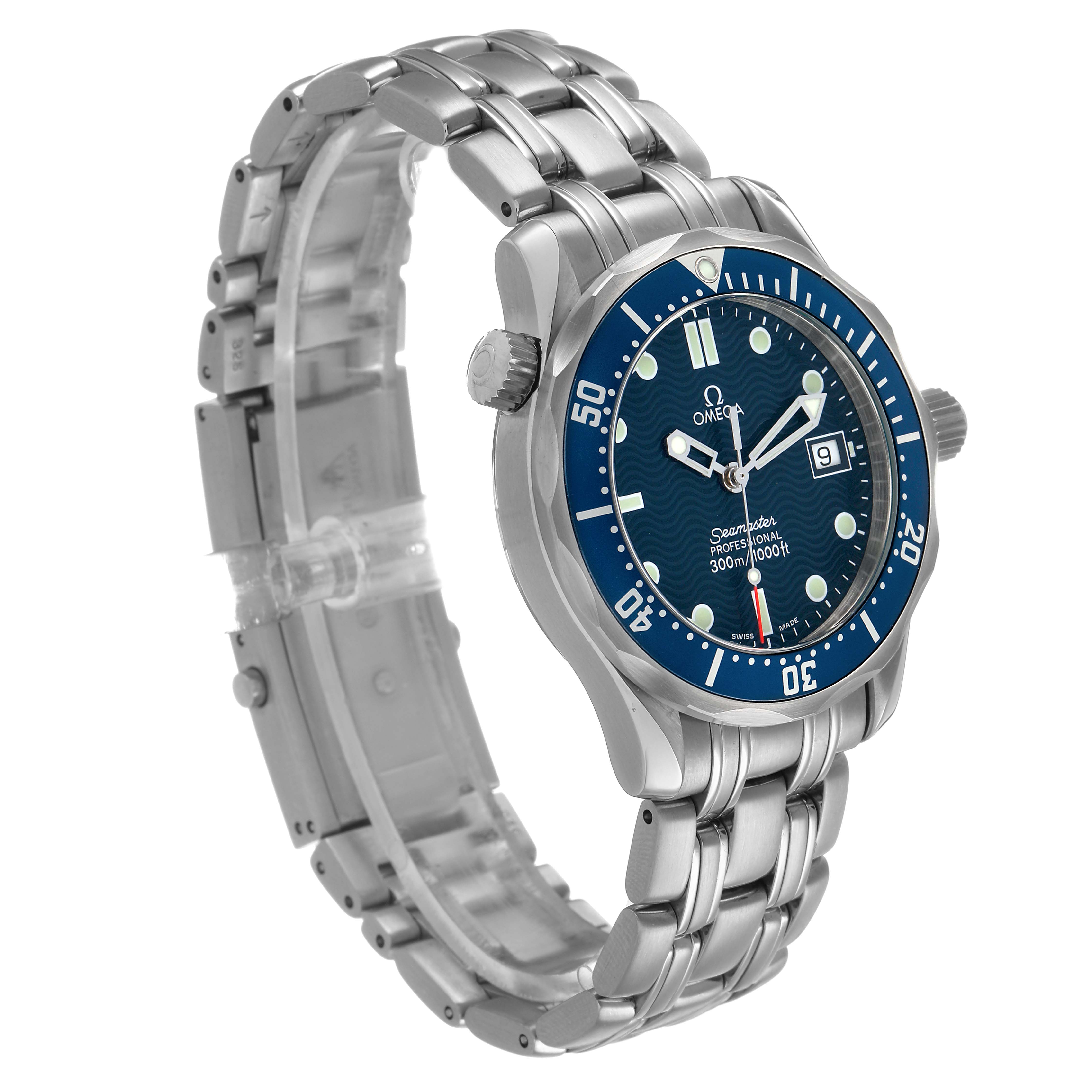 The Omega Seamaster 2561.80.00 Men's Stainless Steel Blue Dial watch is shown at a three-quarter angle, highlighting the dial, bezel, crown, and bracelet.