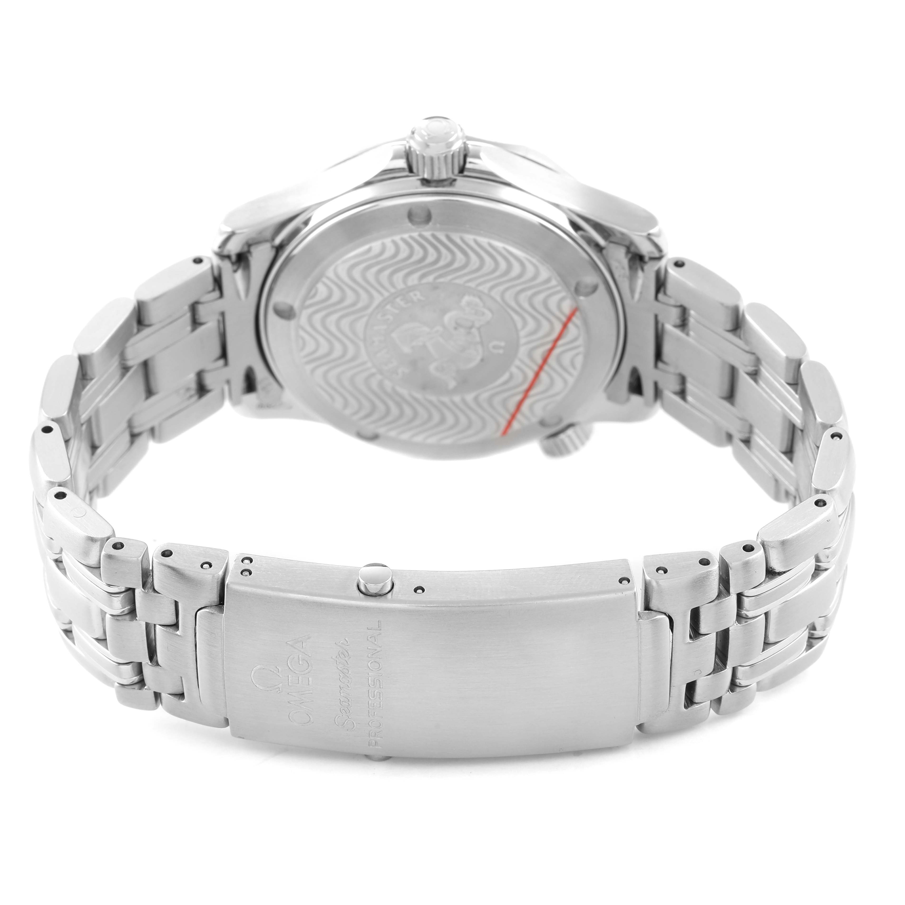 The image shows the back of an Omega Seamaster 2561.80.00 Men's Stainless Steel Blue Dial watch, highlighting the case back and metal bracelet clasp.