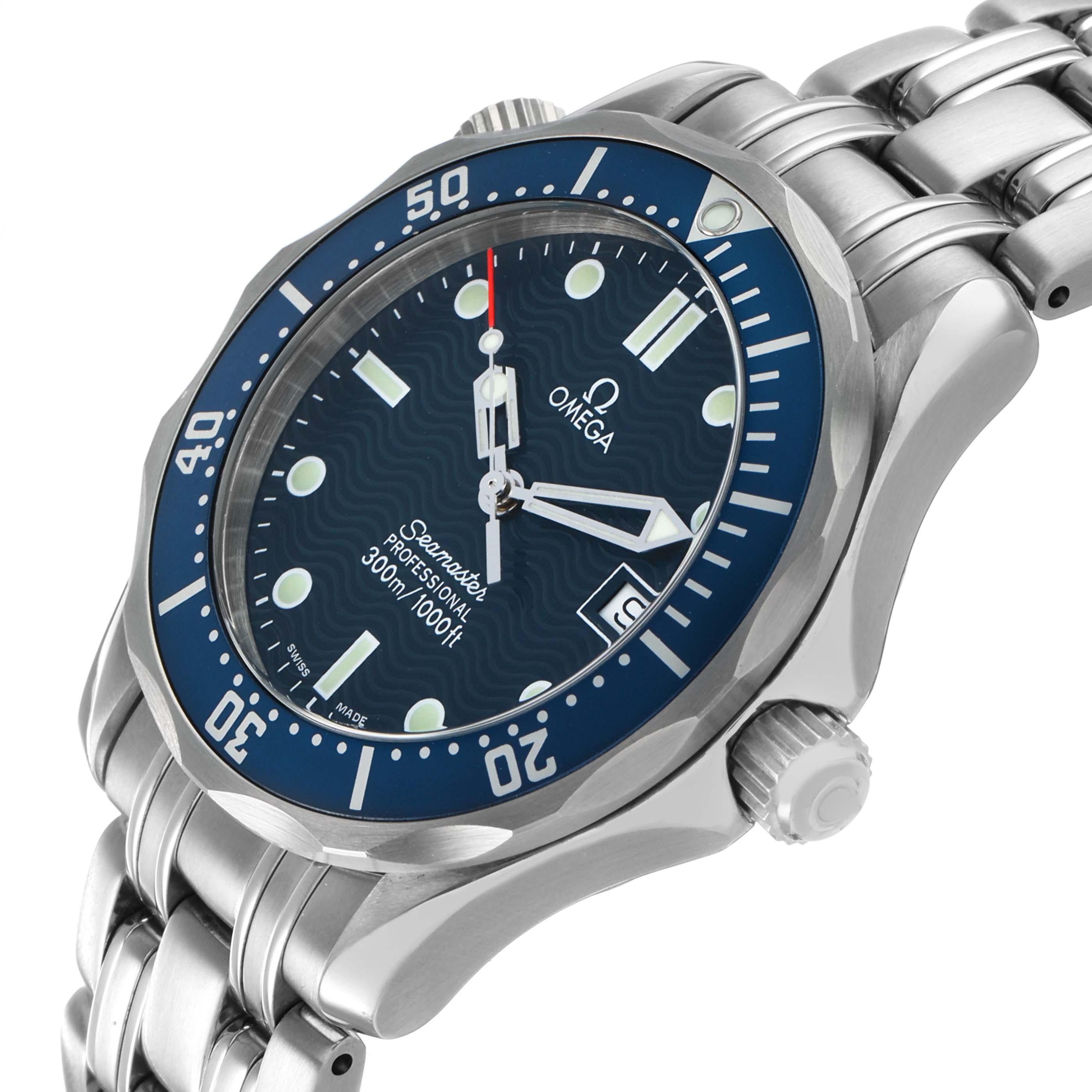 The Omega Seamaster 2561.80.00 Men's Stainless Steel Blue Dial watch is shown from a side-angle, highlighting the face, bezel, bracelet, and crown.