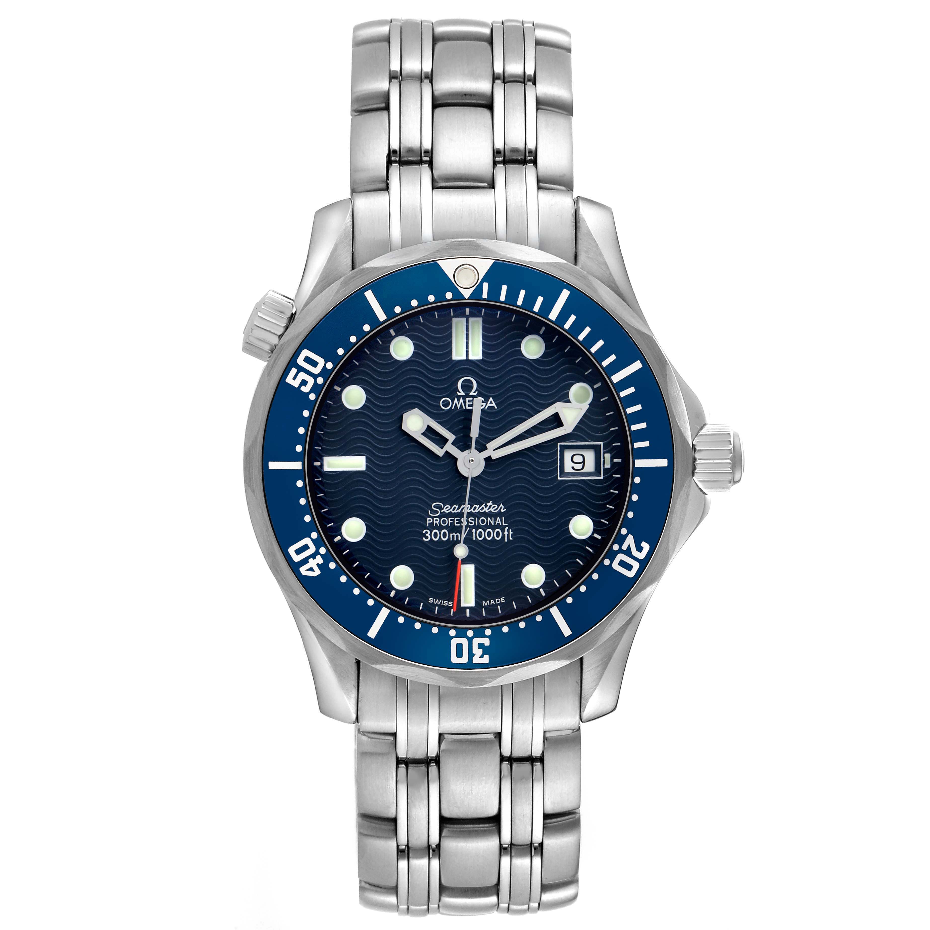 The Omega Seamaster 2561.80.00 Men's Stainless Steel Blue Dial watch is shown from a top-down angle, displaying the face, bezel, and bracelet.