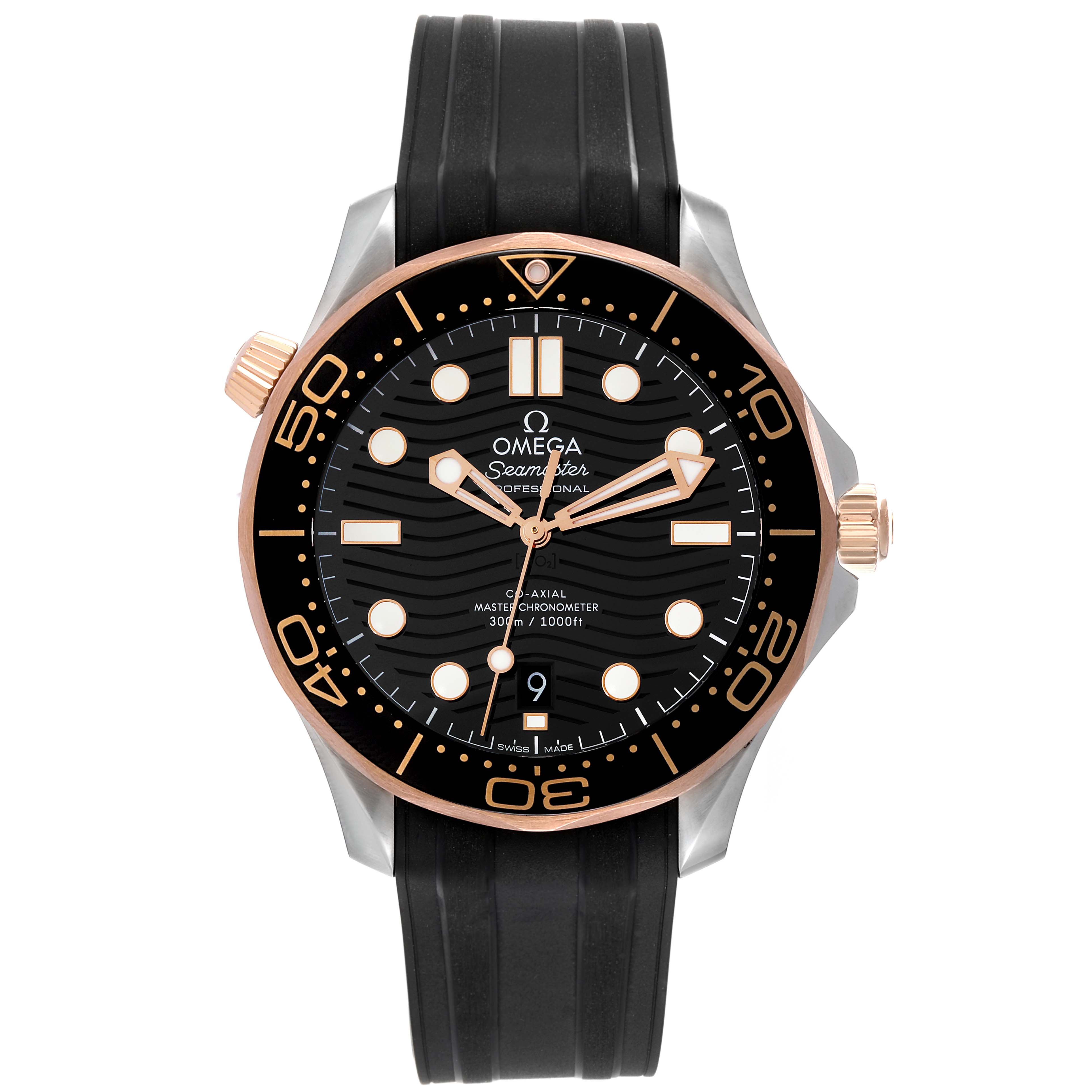 This Omega Seamaster 210.22.42.20.01.002 Men's Steel and Gold (two tone) Black Dial 210.22.42.20.01.002 Men's Steel and Gold (two tone) Black Dial watch is shown from a front angle, highlighting the face, bezel, and strap.