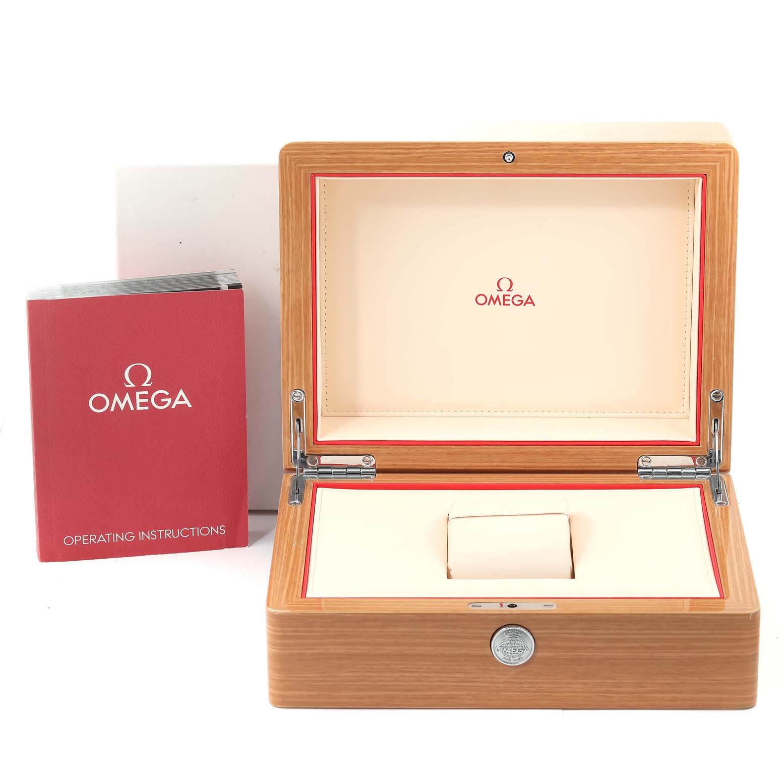 The image shows the Omega Seamaster 210.22.42.20.01.002 Men's Steel and Gold (two tone) Black Dial 210.22.42.20.01.002 Men's Steel and Gold (two tone) Black Dial watch box and operating instructions from a straight-on angle.