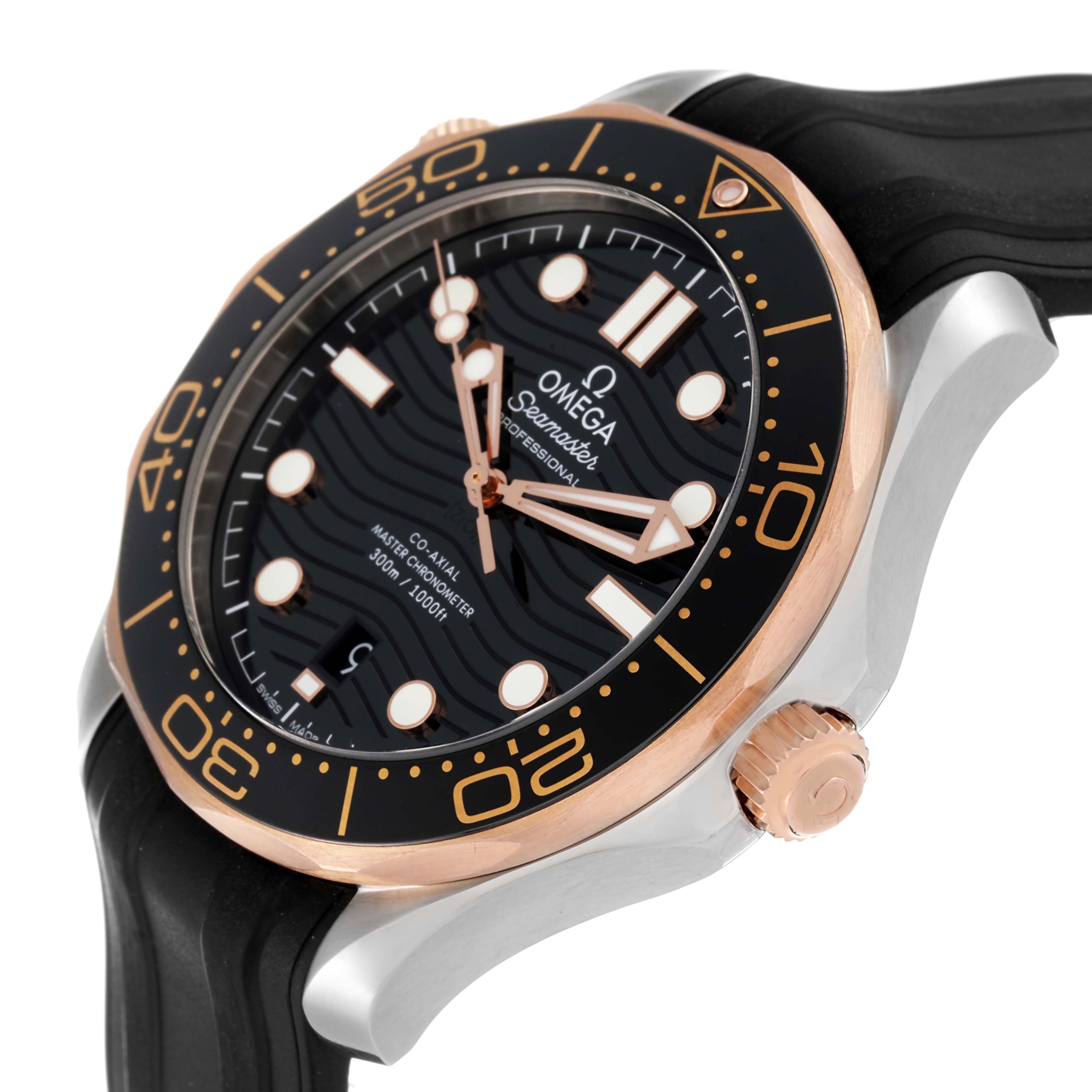 The image shows the Omega Seamaster 210.22.42.20.01.002 Men's Steel and Gold (two tone) Black Dial 210.22.42.20.01.002 Men's Steel and Gold (two tone) Black Dial watch at a slight side angle, highlighting the crown, bezel, and part of the strap.