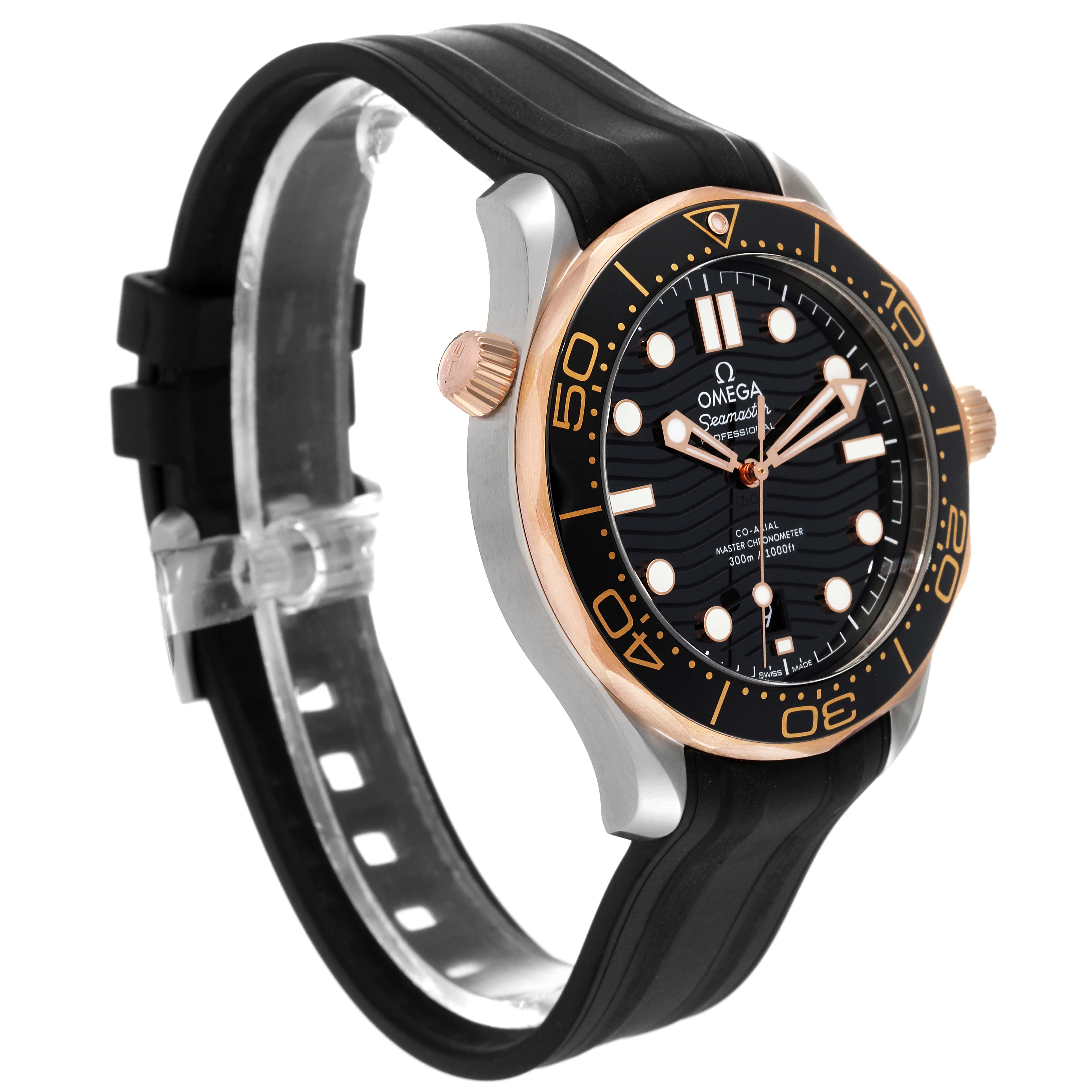 This image shows a side angle of the Omega Seamaster 210.22.42.20.01.002 Men's Steel and Gold (two tone) Black Dial 210.22.42.20.01.002 Men's Steel and Gold (two tone) Black Dial watch, highlighting the case, bezel, dial, and the black strap.