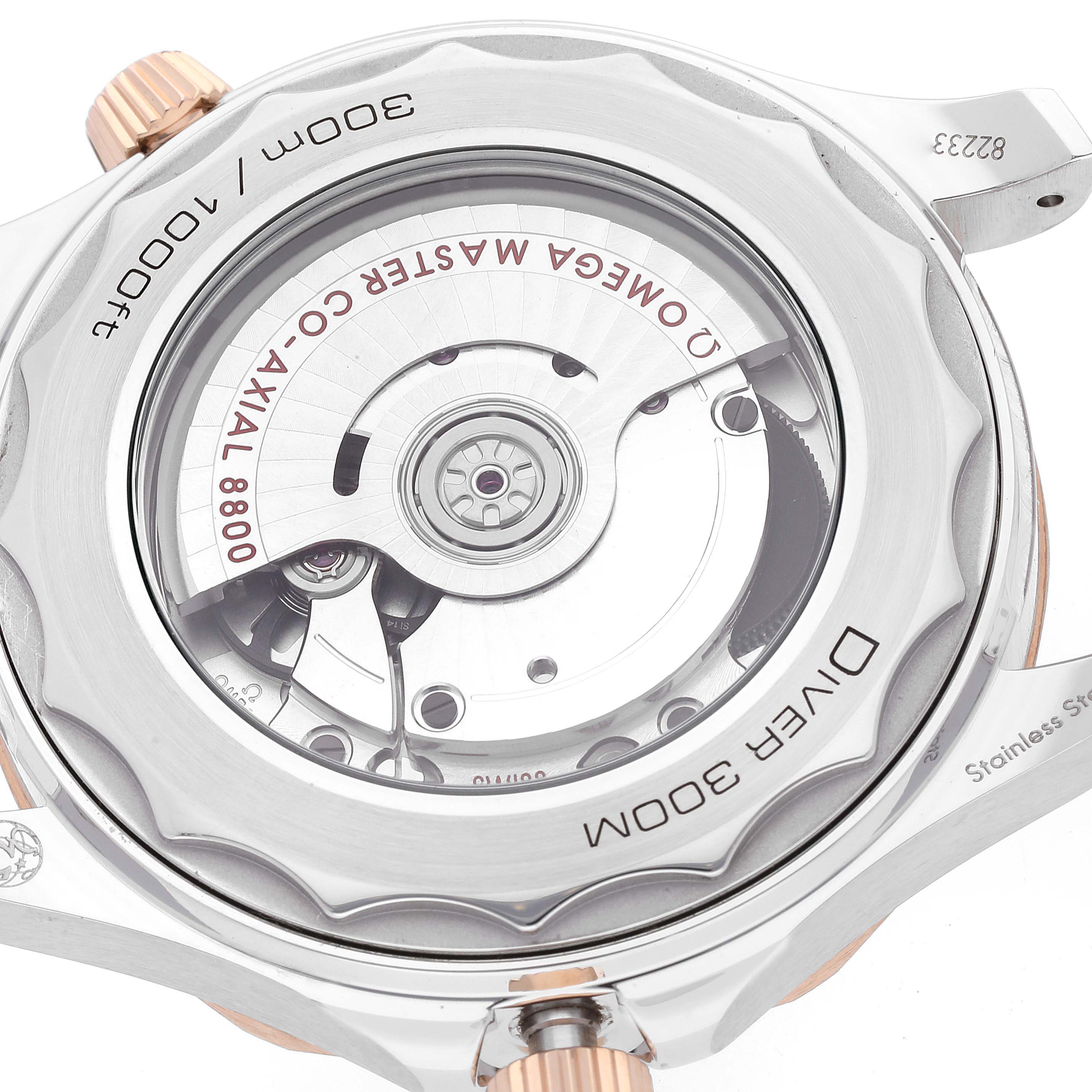 This image shows the back view of an Omega Seamaster 210.22.42.20.01.002 Men's Steel and Gold (two tone) Black Dial 210.22.42.20.01.002 Men's Steel and Gold (two tone) Black Dial watch, highlighting the movement and case back details.