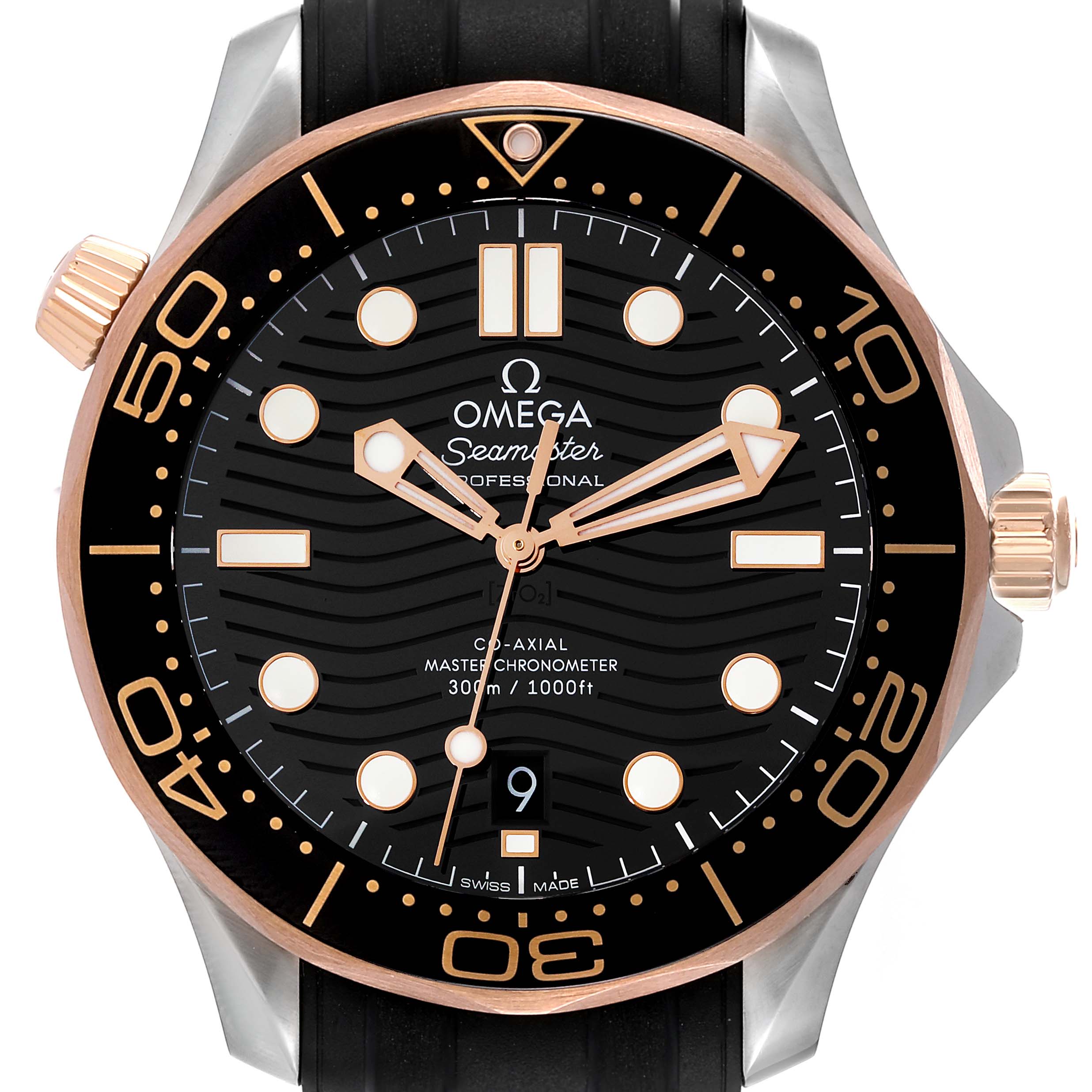 This is a front view of the Omega Seamaster 210.22.42.20.01.002 Men's Steel and Gold (two tone) Black Dial 210.22.42.20.01.002 Men's Steel and Gold (two tone) Black Dial watch showing the face, bezel, crown, and part of the strap.