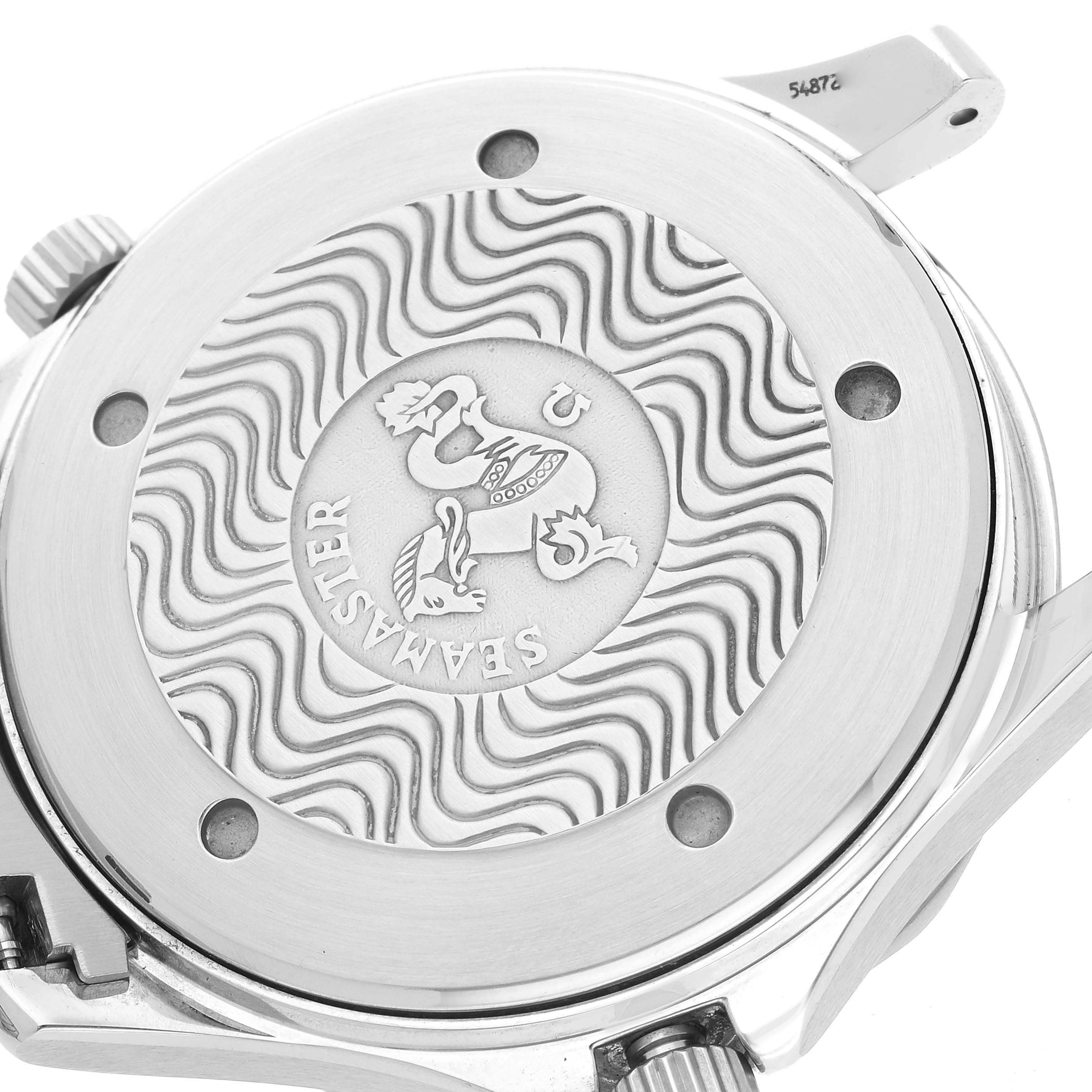 The image shows the back case of the Omega Seamaster 2541.80.00 Men
s Stainless Steel Blue Dial 2541.80.00 Men
s Stainless Steel Blue Dial watch, highlighting its engraved design and logo.