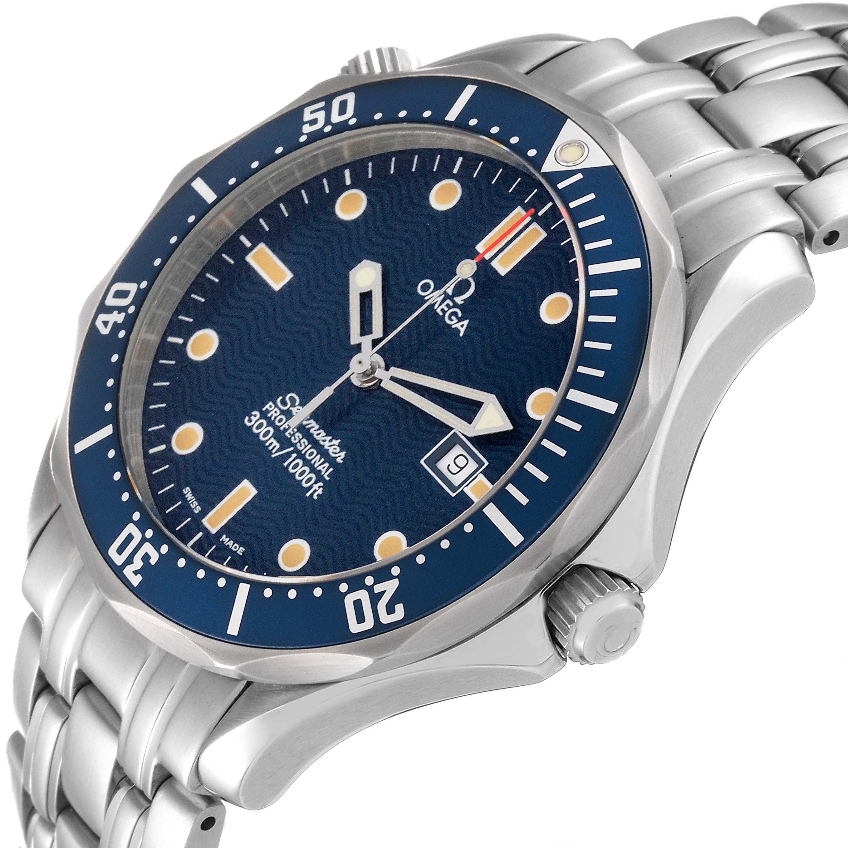 The Omega Seamaster 2541.80.00 Men
s Stainless Steel Blue Dial 2541.80.00 Men
s Stainless Steel Blue Dial watch is shown at a 3/4 angle highlighting the face, bezel, crown, and part of the stainless steel bracelet.