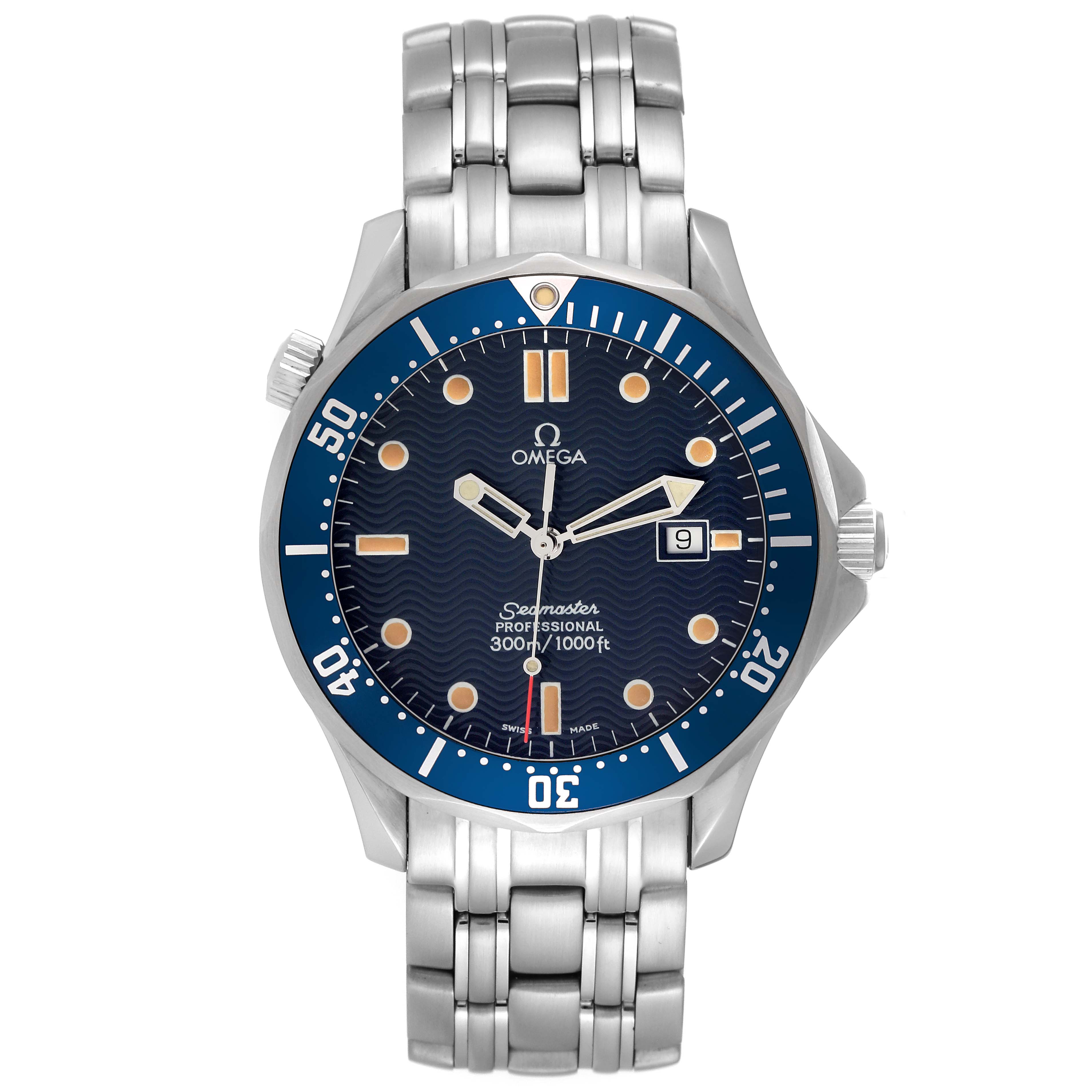 The Omega Seamaster 2541.80.00 Men
s Stainless Steel Blue Dial 2541.80.00 Men
s Stainless Steel Blue Dial watch is shown from a front angle, highlighting the dial, bezel, crown, and metal bracelet.