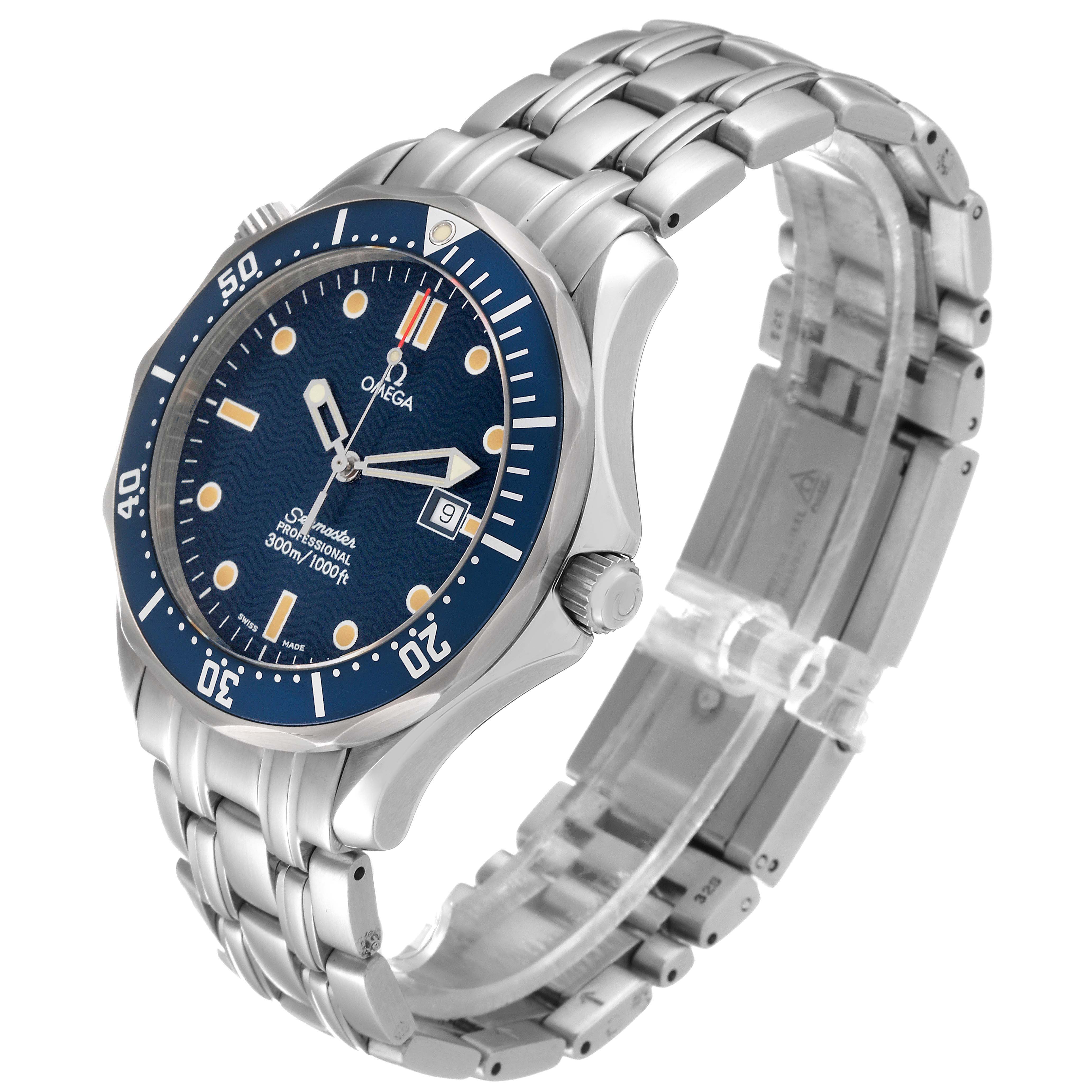 The image shows a side and front angle of the Omega Seamaster 2541.80.00 Men
s Stainless Steel Blue Dial 2541.80.00 Men
s Stainless Steel Blue Dial watch, highlighting its bezel, dial, bracelet, and crown.