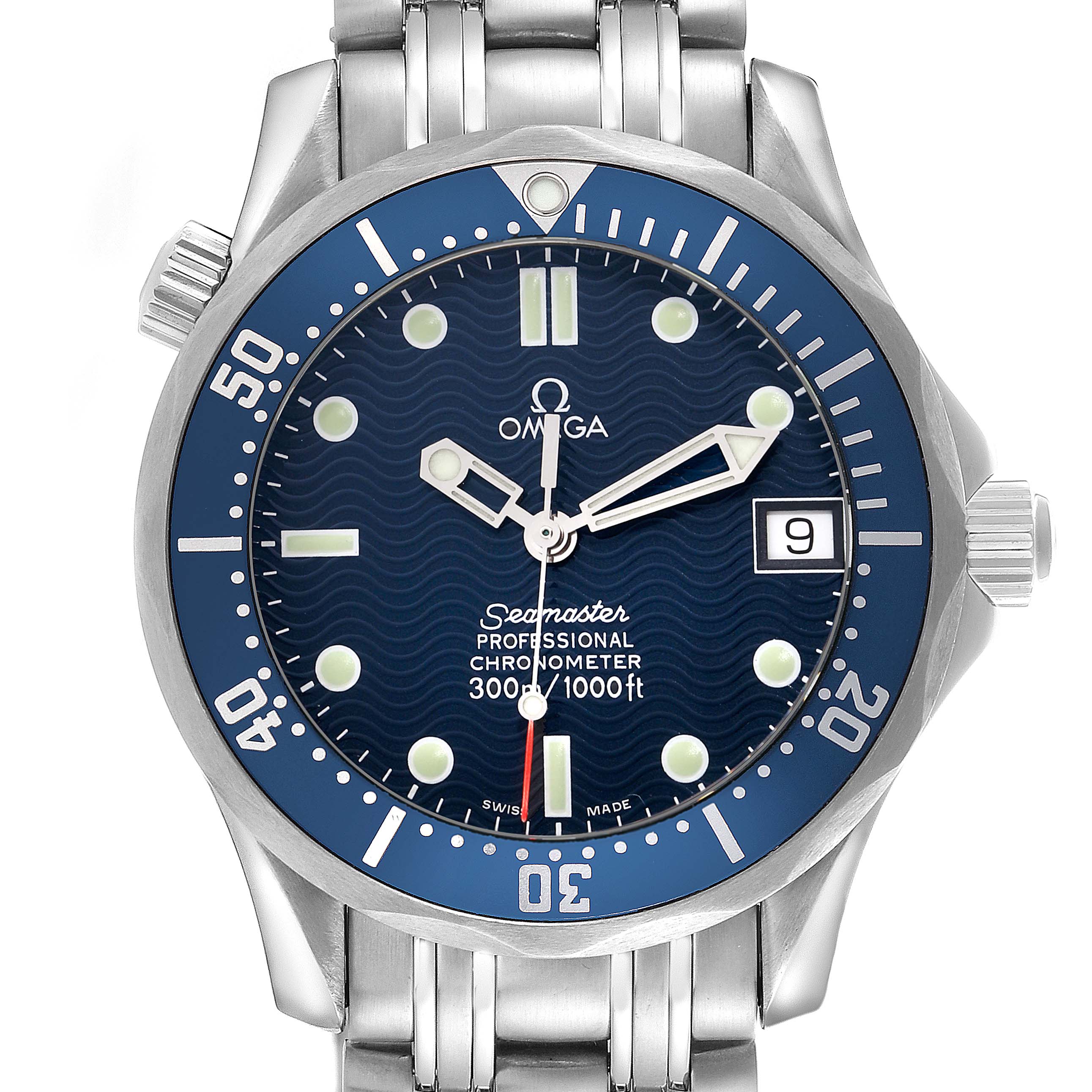 The Omega Seamaster 2551.80.00 Men
s Stainless Steel Blue Dial 2551.80.00 Men
s Stainless Steel Blue Dial watch is shown from a front angle, displaying the dial, bezel, case, and part of the bracelet.