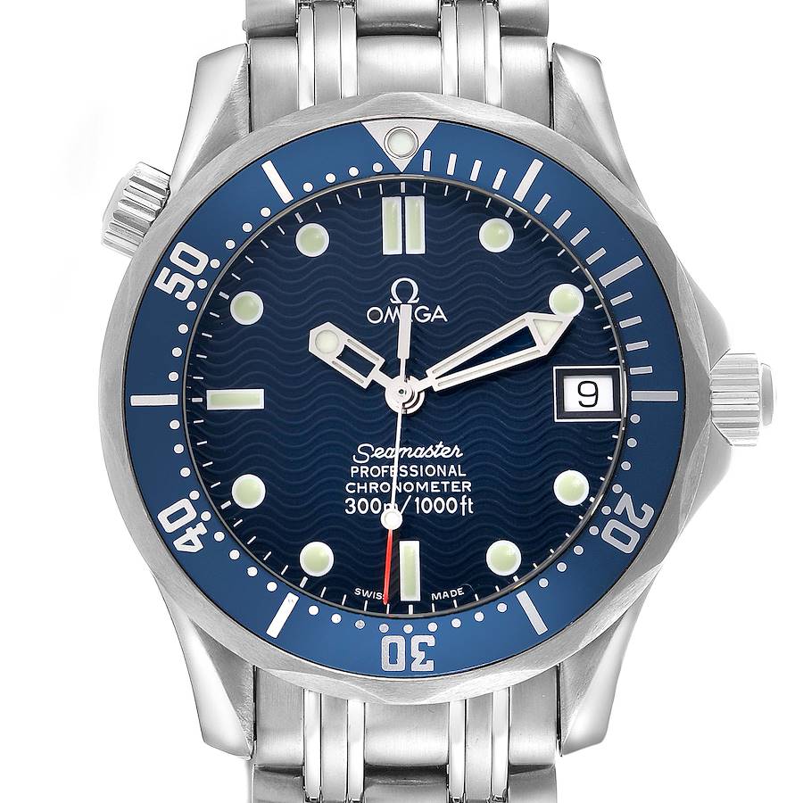 The Omega Seamaster watch is shown from a front angle, displaying the dial, bezel, case, and part of the bracelet.