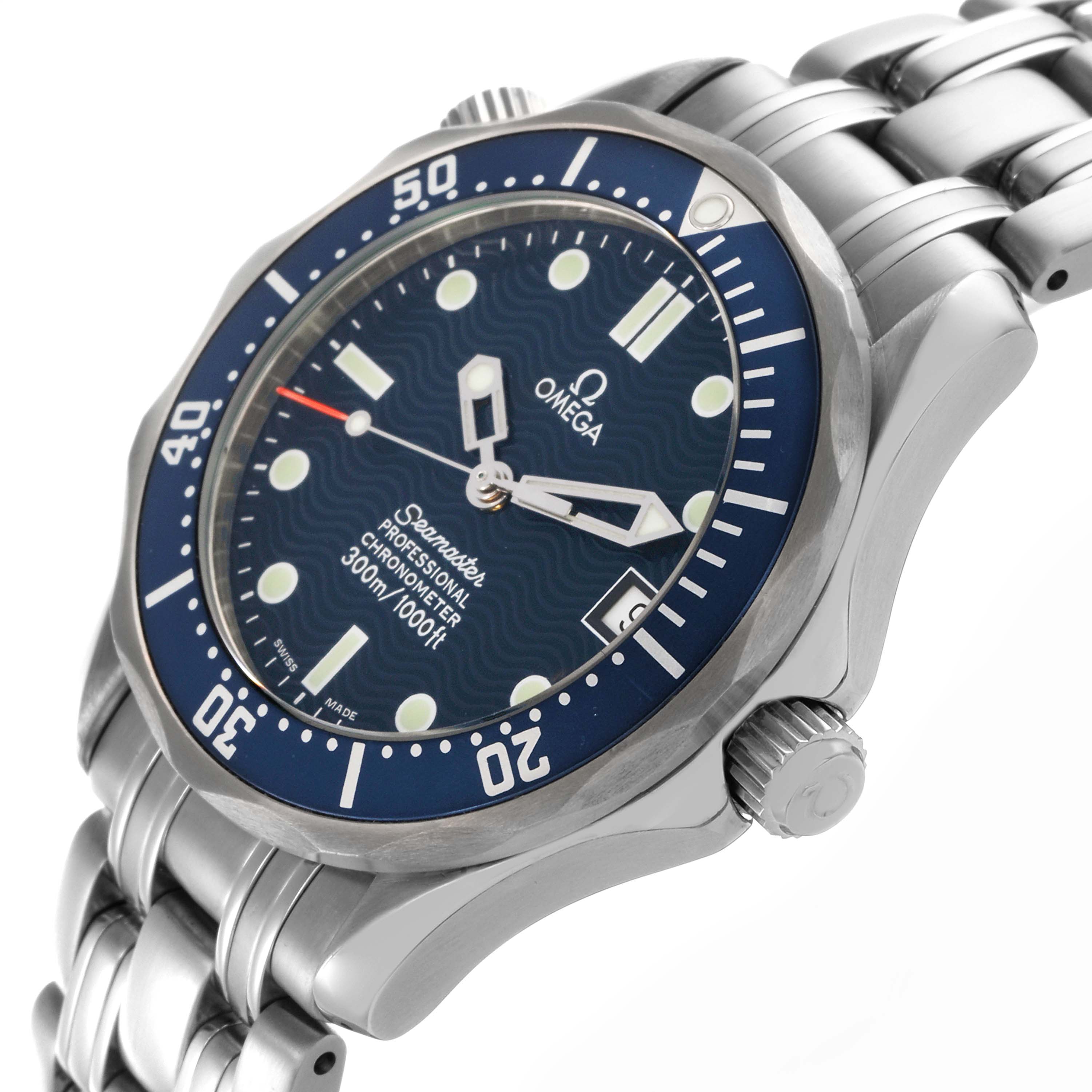 The Omega Seamaster 2551.80.00 Men
s Stainless Steel Blue Dial 2551.80.00 Men
s Stainless Steel Blue Dial watch is shown at an angled side view, highlighting the face, bezel, crown, and metal bracelet.