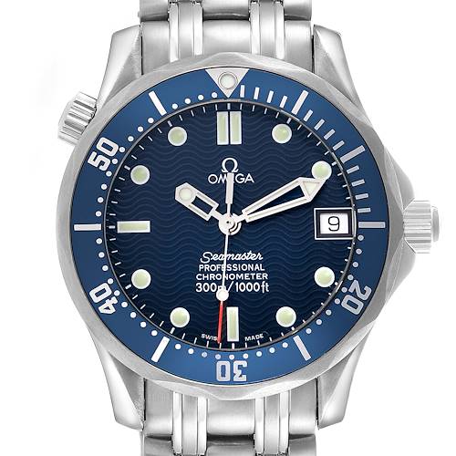 The Omega Seamaster watch is shown from a front angle, displaying its bezel, dial, hands, bracelet, and date window.