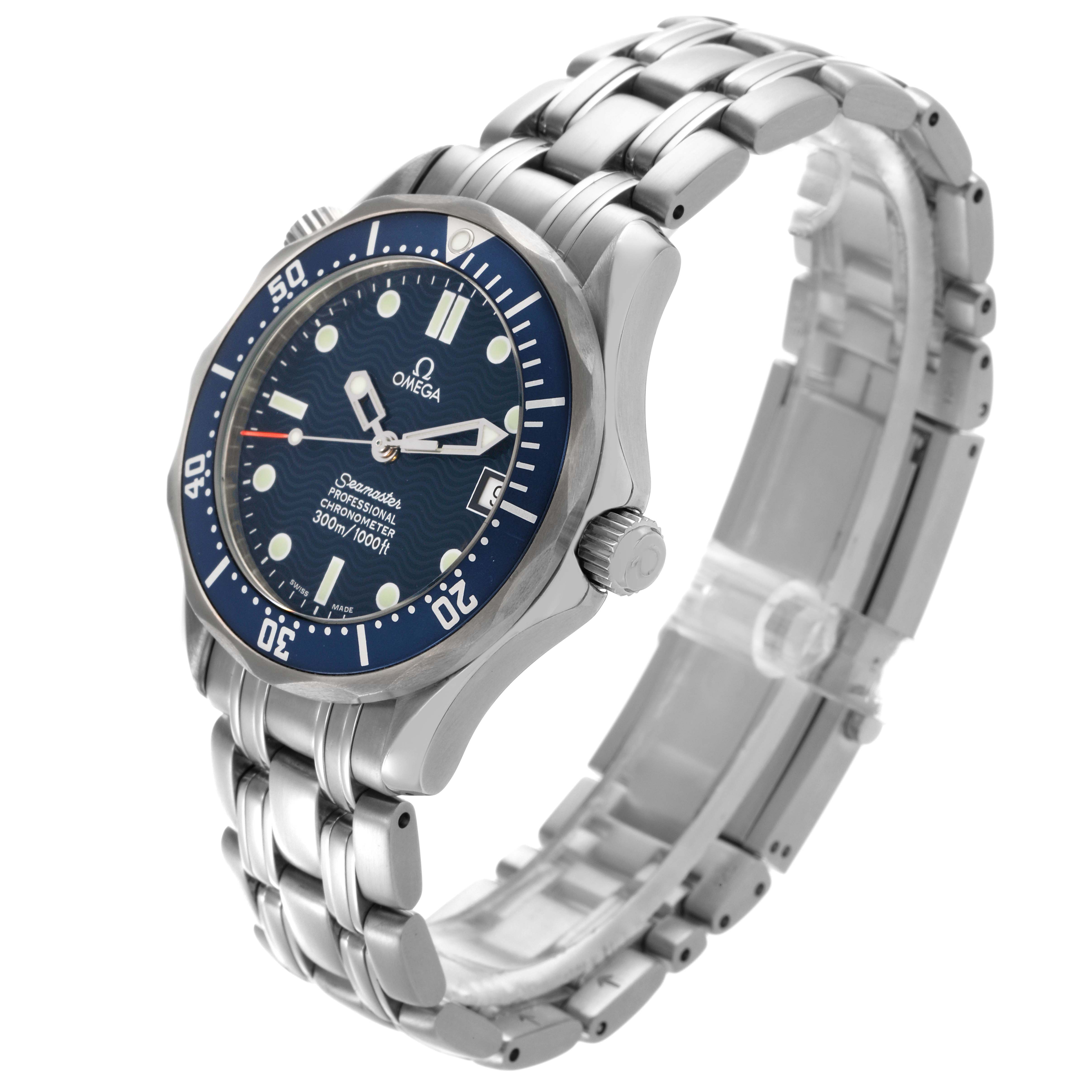 The Omega Seamaster 2551.80.00 Men
s Stainless Steel Blue Dial 2551.80.00 Men
s Stainless Steel Blue Dial watch is shown at a three-quarter angle, displaying the face, bezel, crown, and bracelet.