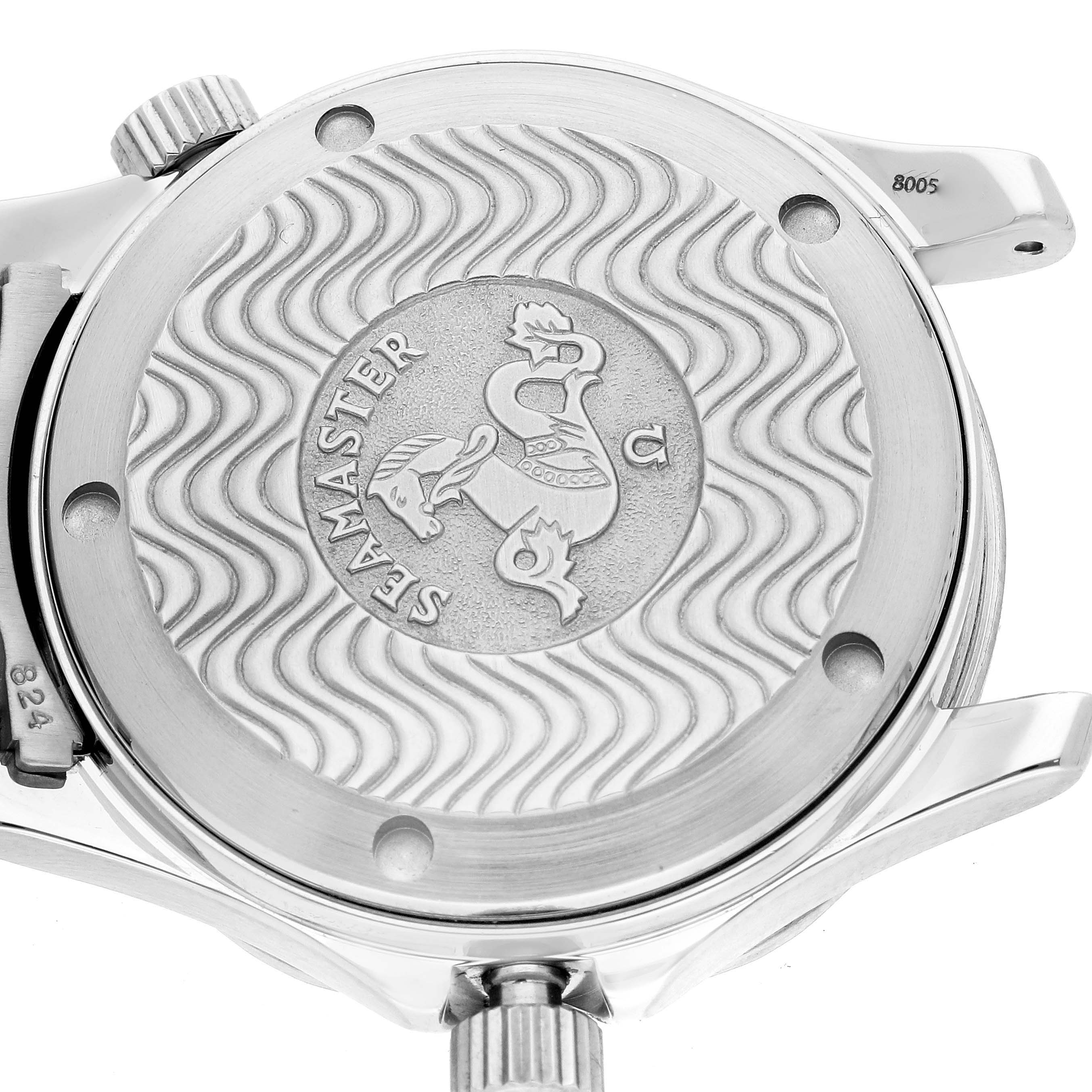 The Omega Seamaster 2551.80.00 Men
s Stainless Steel Blue Dial 2551.80.00 Men
s Stainless Steel Blue Dial model is shown from the back, focusing on the case back engraving with waves and a central emblem.