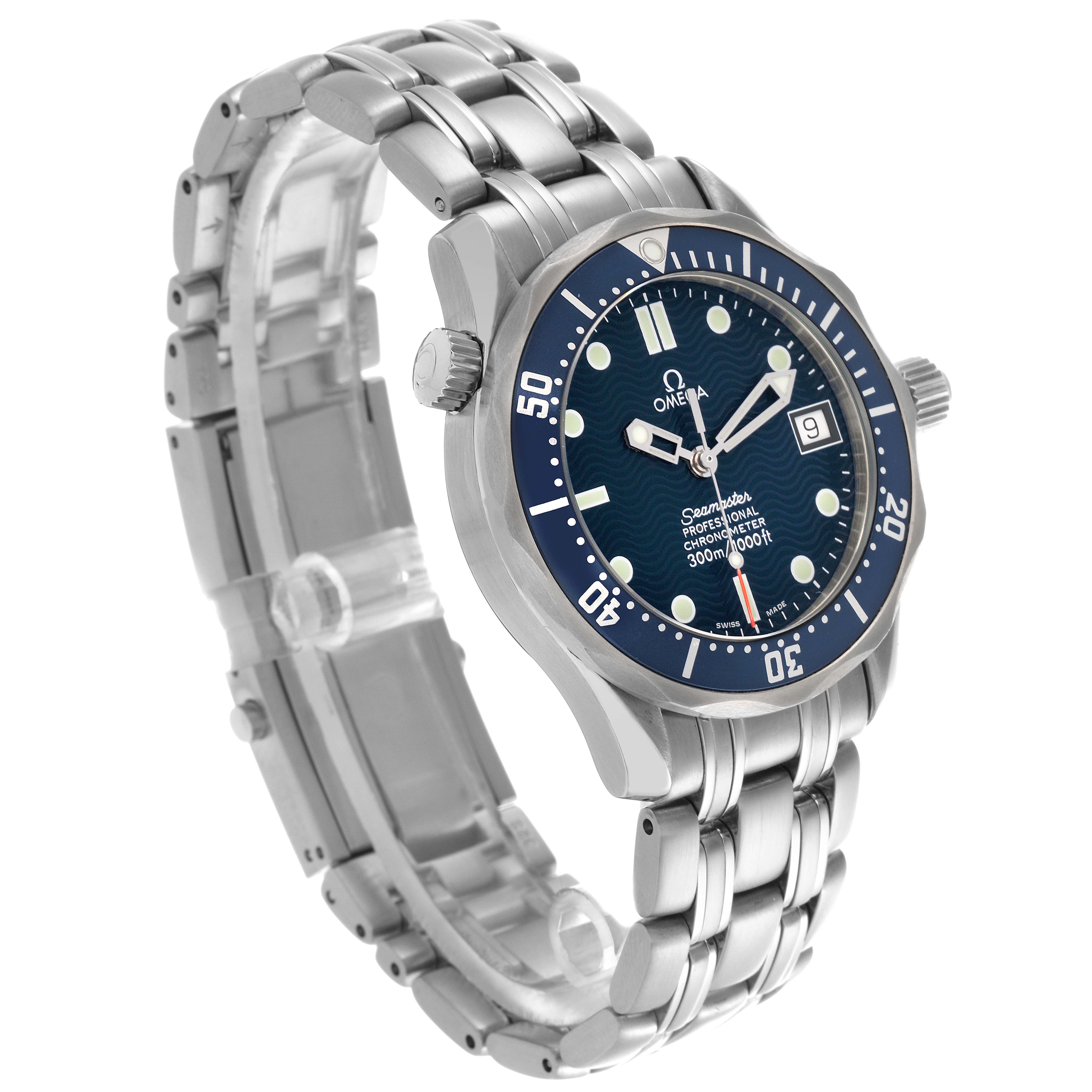 The Omega Seamaster 2551.80.00 Men
s Stainless Steel Blue Dial 2551.80.00 Men
s Stainless Steel Blue Dial watch is shown at a slight angled view, displaying the face, bezel, crown, and stainless steel bracelet.