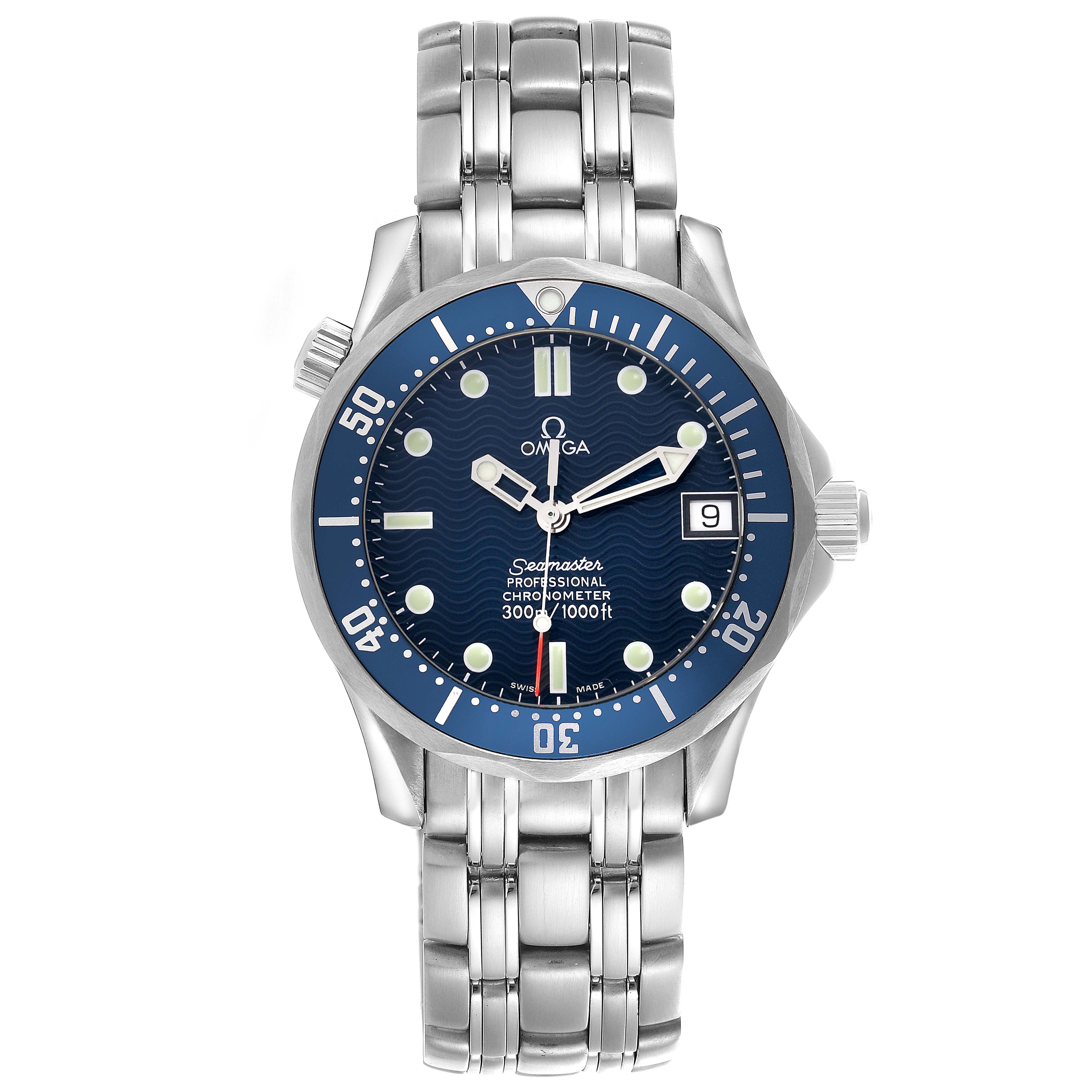 The Omega Seamaster 2551.80.00 Men
s Stainless Steel Blue Dial 2551.80.00 Men
s Stainless Steel Blue Dial watch is shown from the front, highlighting the face, bezel, crown, and bracelet.