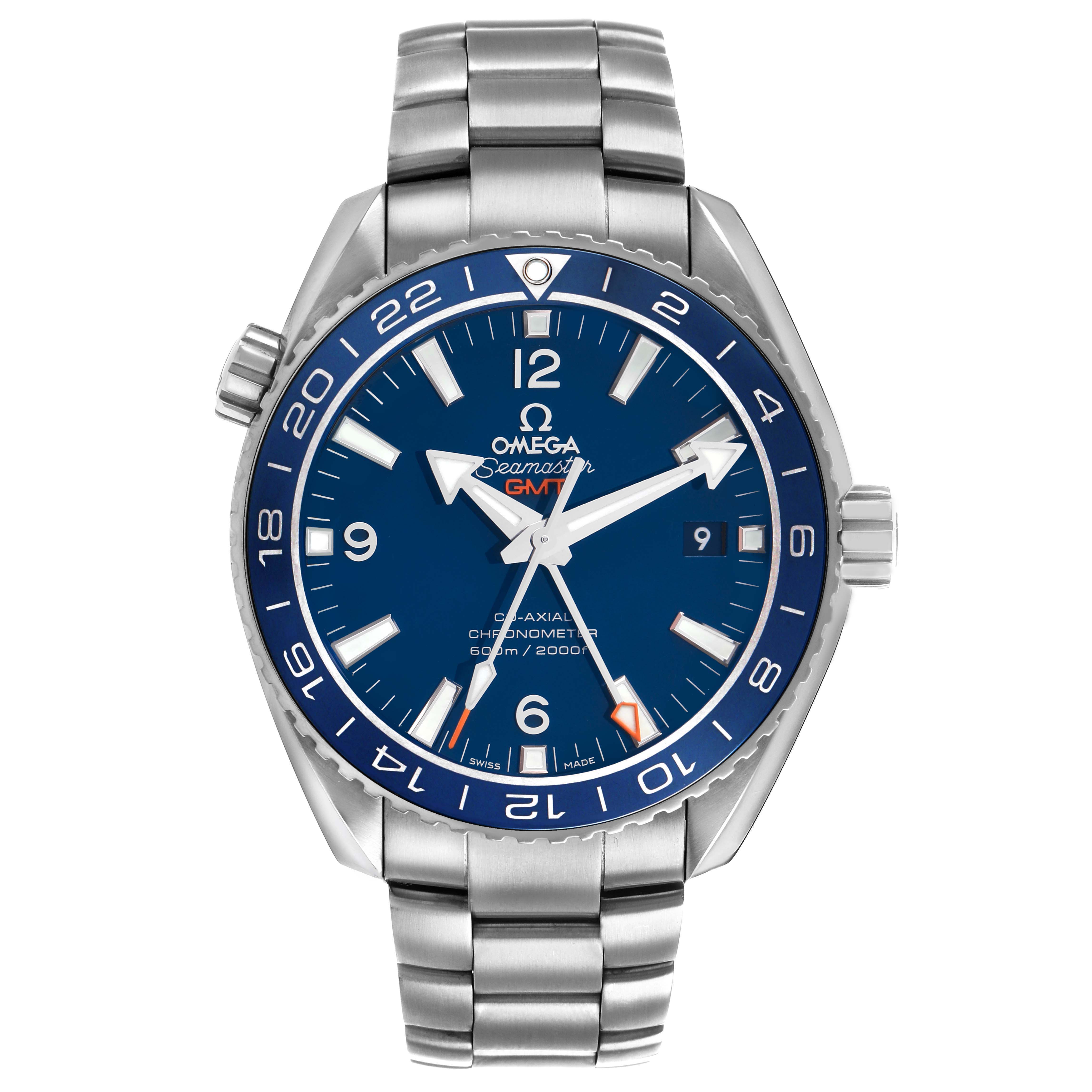 The Omega Seamaster 232.90.44.22.03.001 Men's Titanium Blue Dial watch is shown from a front angle, highlighting the blue dial, bezel, and stainless steel bracelet.